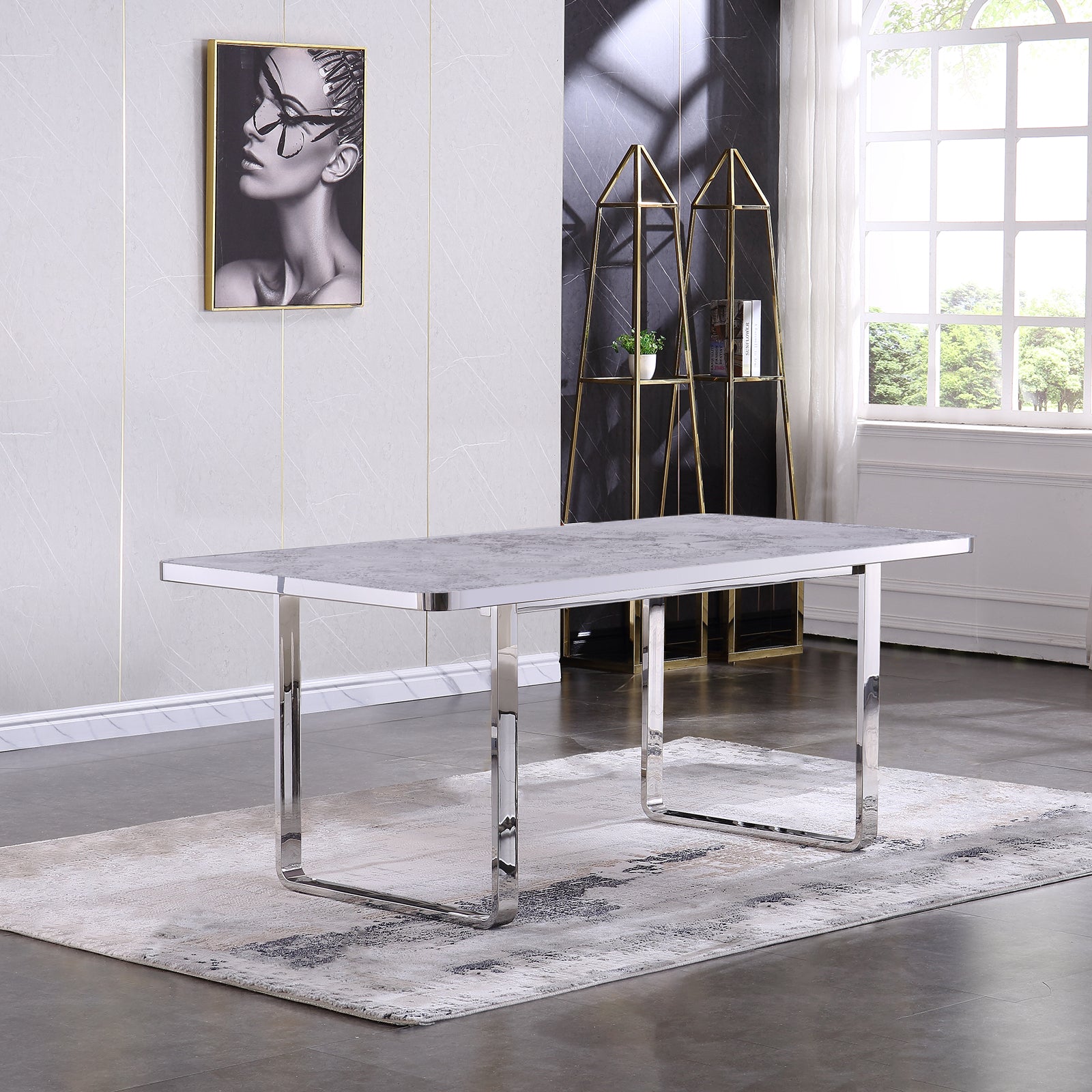 Stone dining table | 70.9'' Gray Rectangle Top | Metal U Base | T202