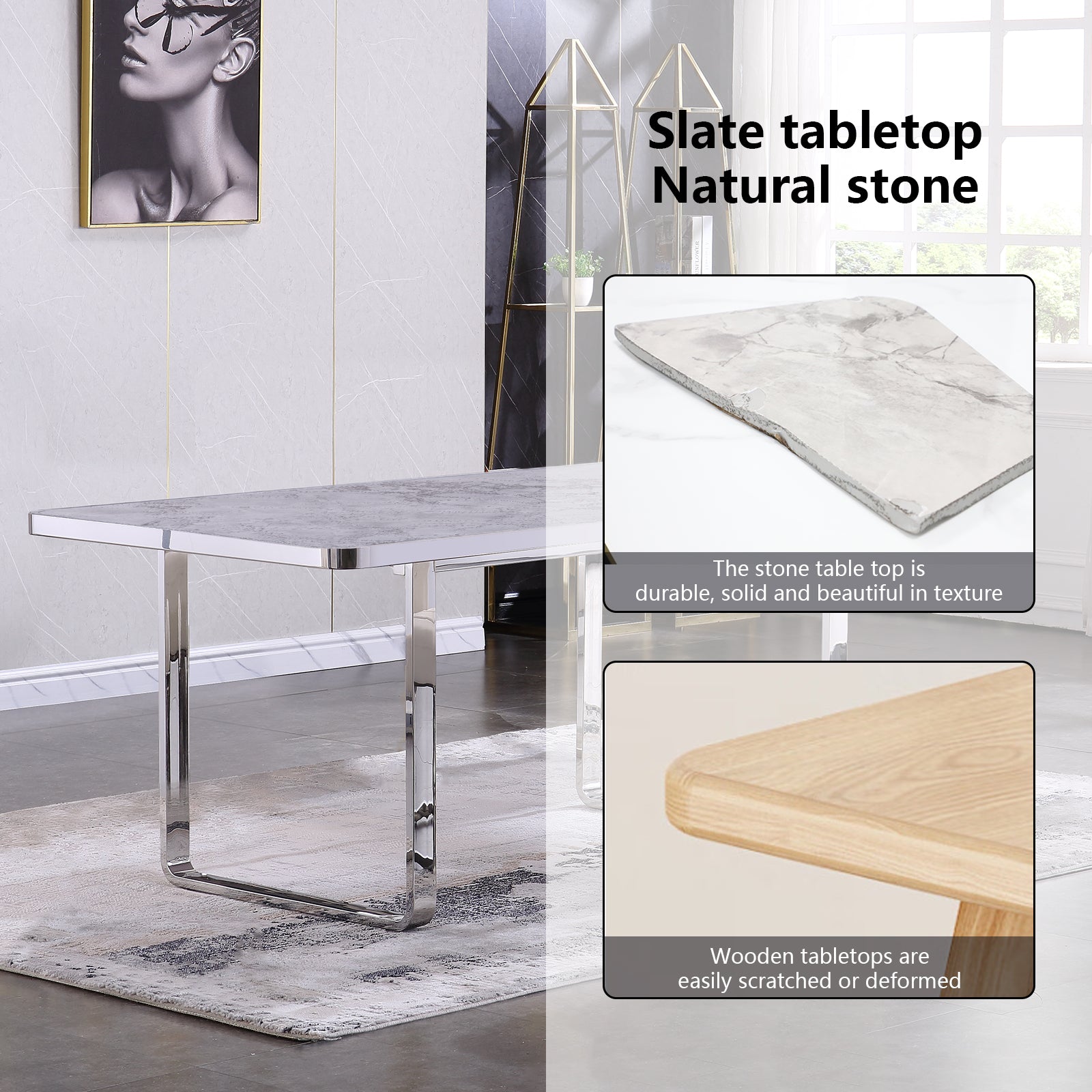 Stone dining table | 70.9'' Gray Rectangle Top | Metal U Base | T202