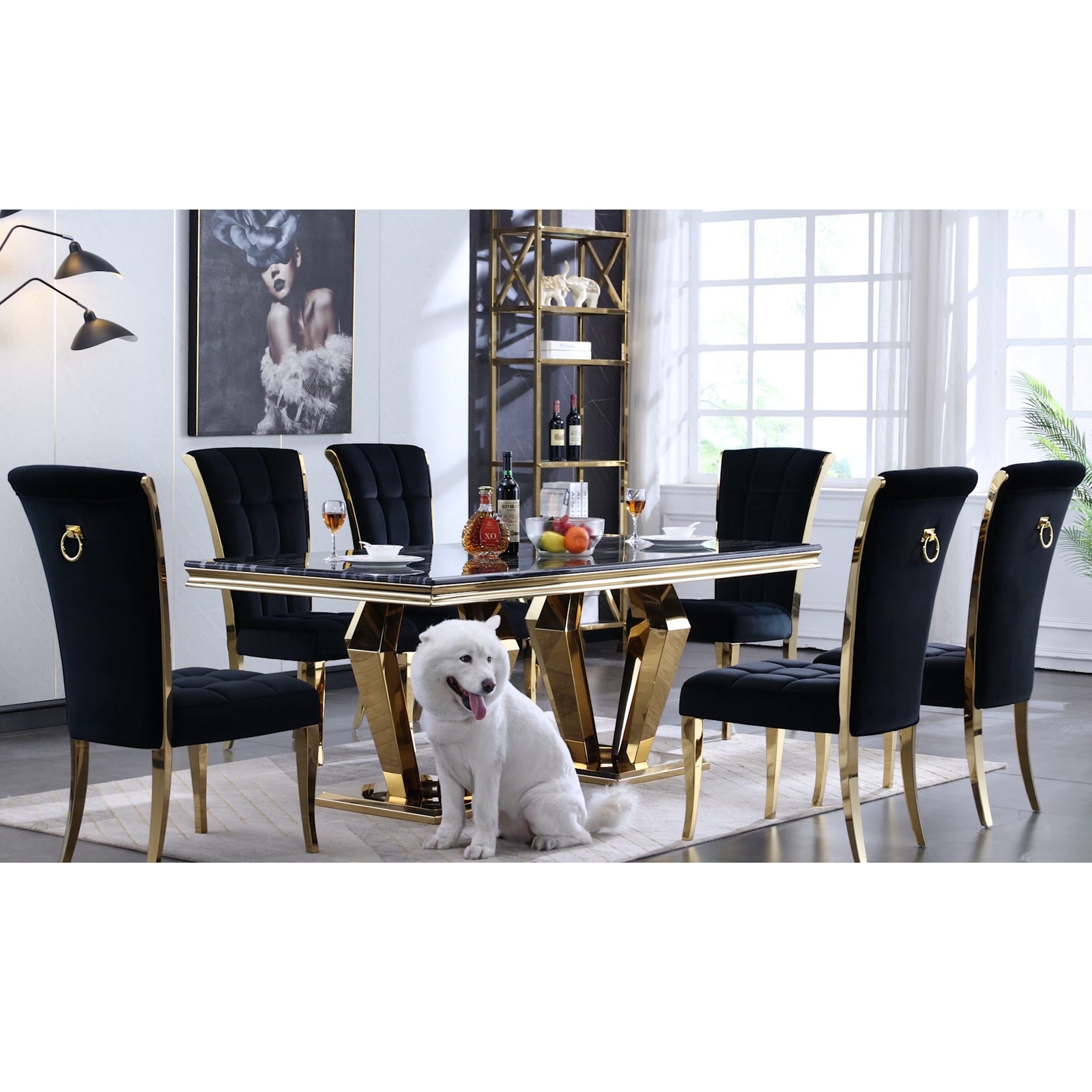 Dining table for 8 people | 78" Black Top | Metal Four geometric legs | T209