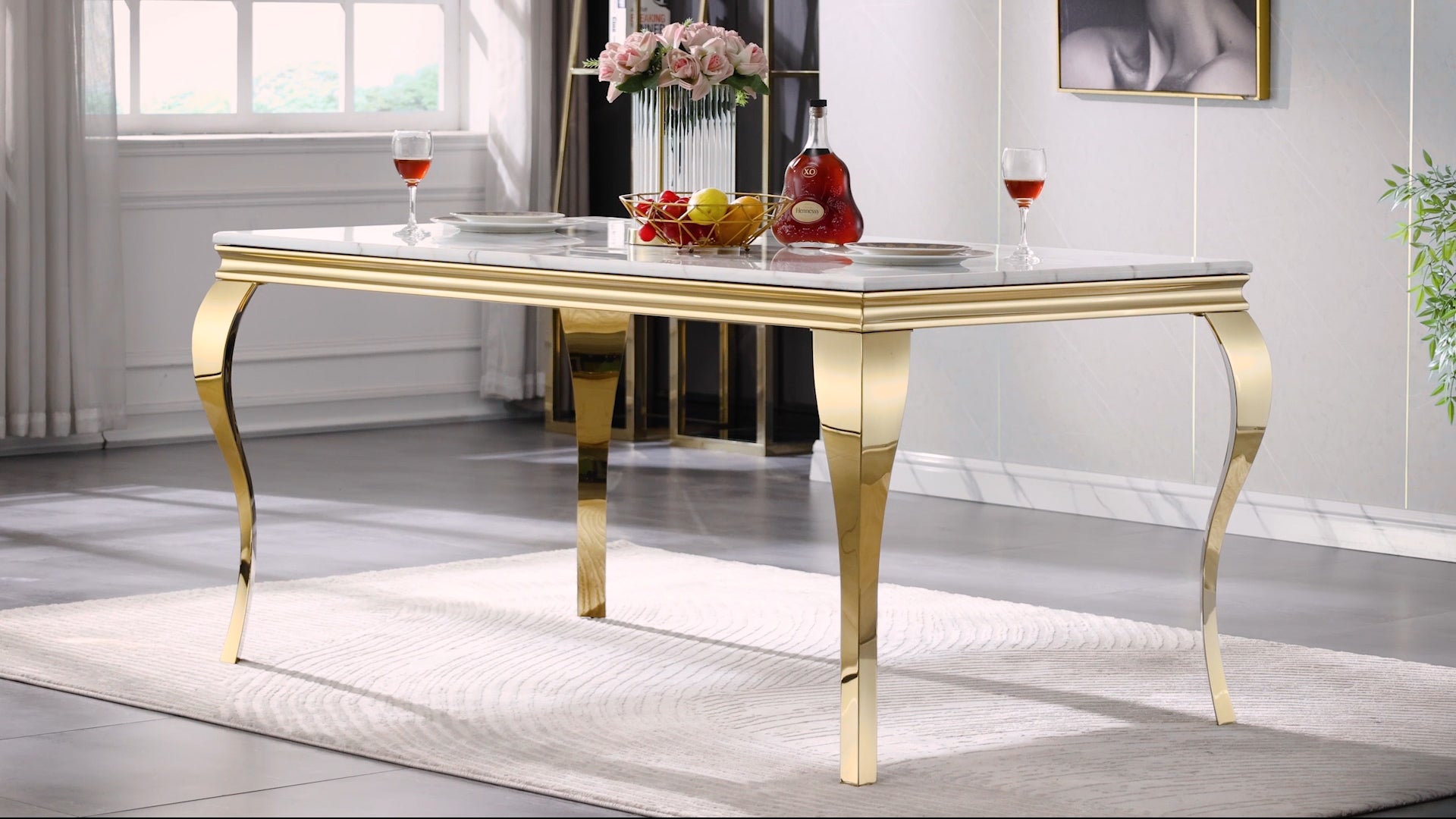 White dining table | 63" Tabletop | Gold metal Cabriole Legs | T205