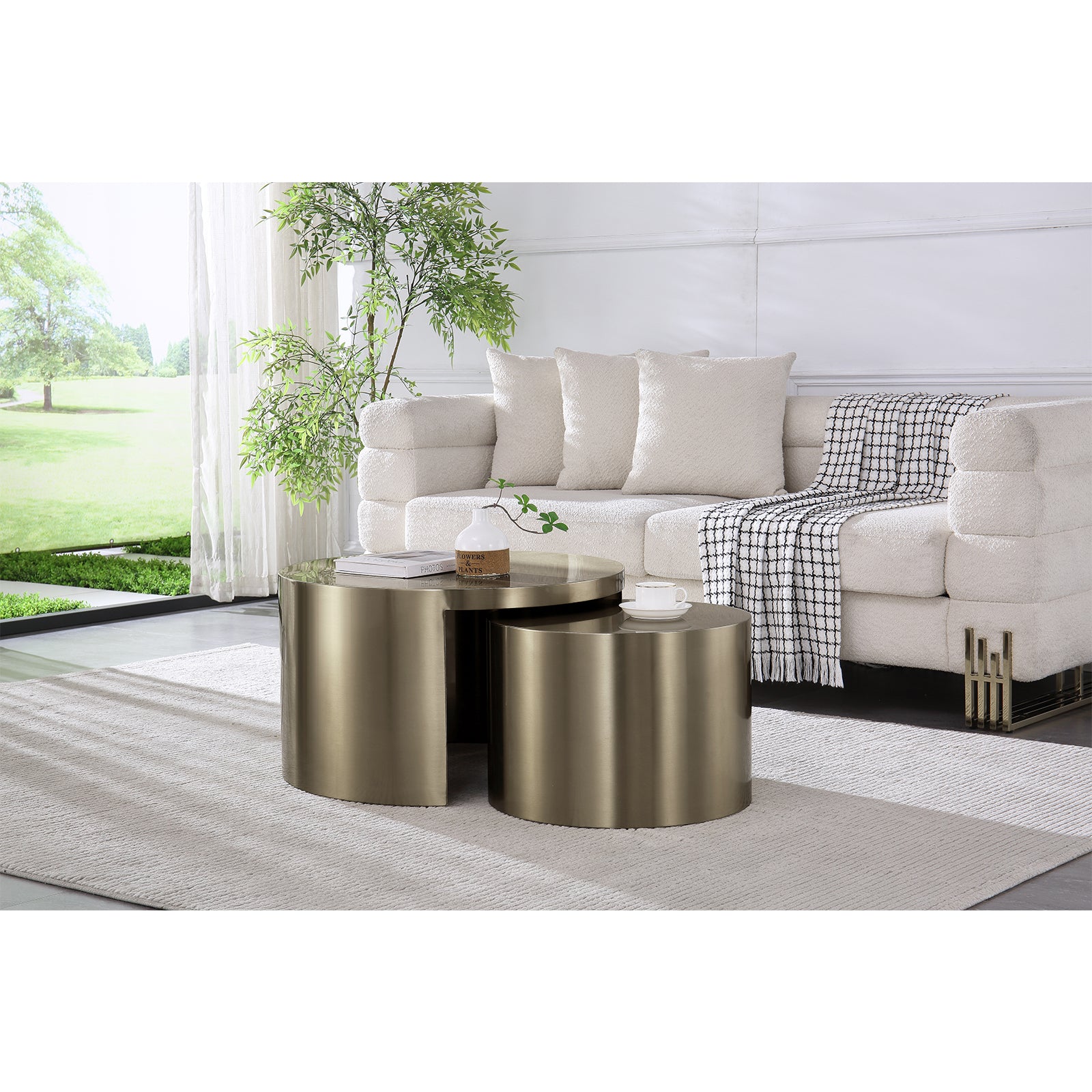 Nesting Round Coffee Table with Gold-Brushed Textured , Set of 2  | F320