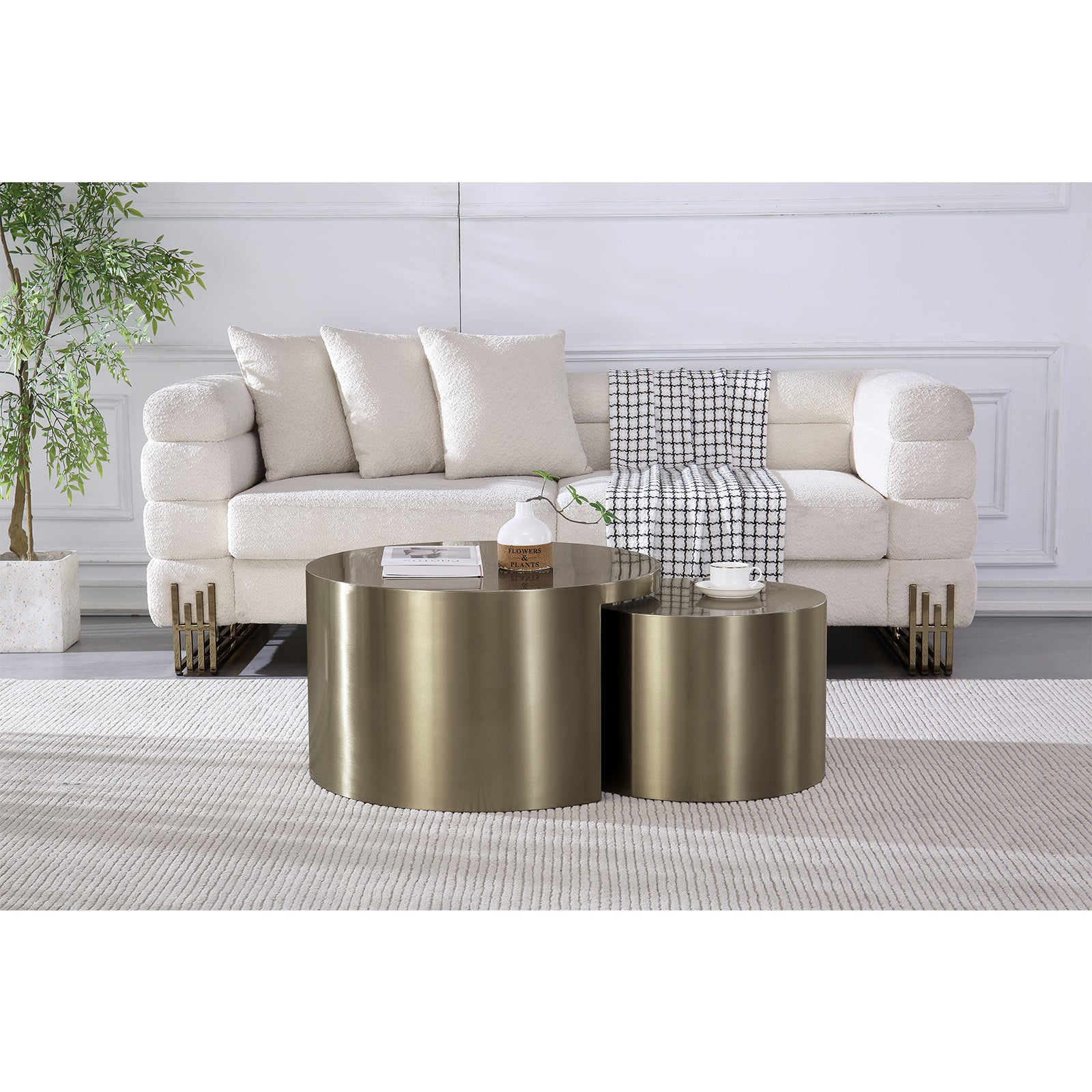 Nesting Round Coffee Table with Gold-Brushed Textured , Set of 2  | F320