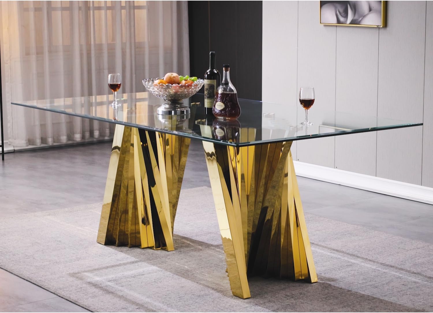 Glass Dining Table| 78’‘ Glass top | Gold Metal Fan-shaped legs | T215