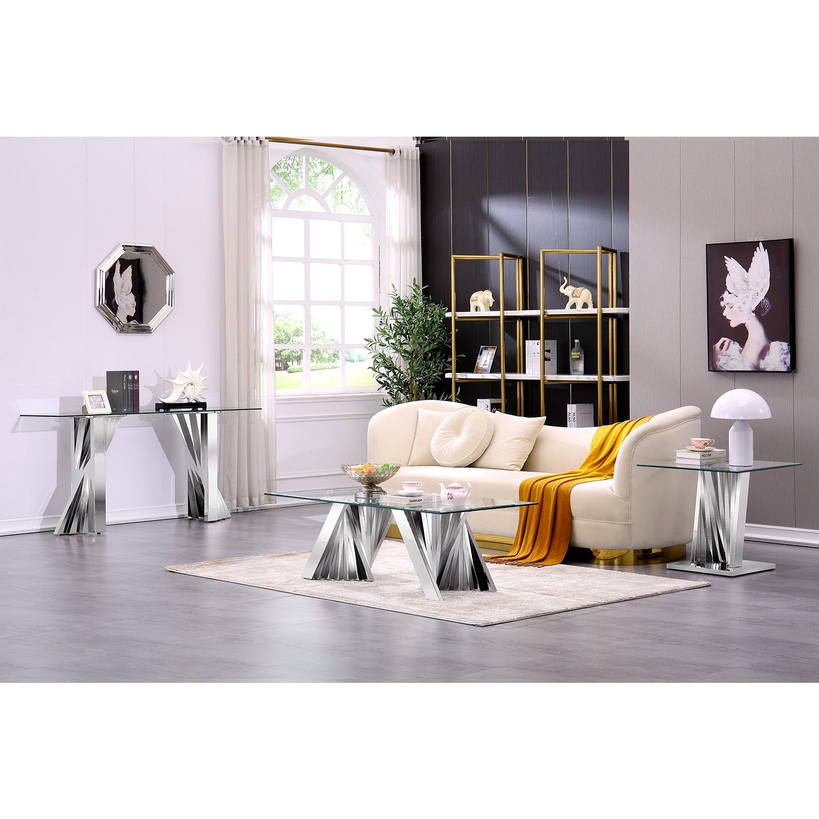 Silver Glass living room table set | Metal Scalloped Legs | L220