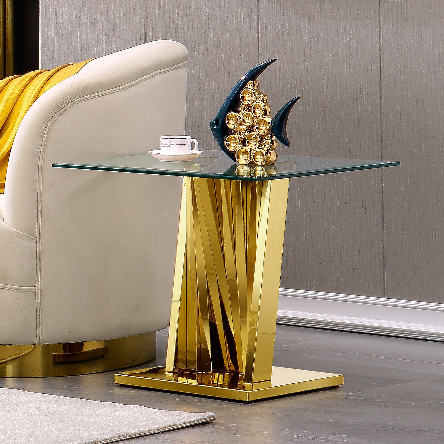 Gold Glass living room table set | Metal Scalloped Legs | L219