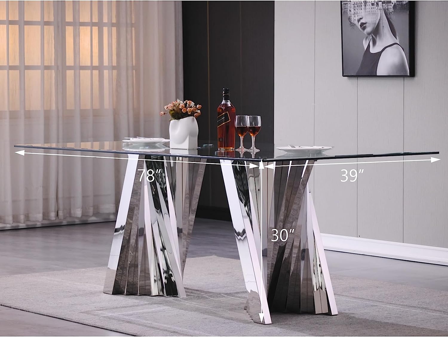Glass Dining Table| 78’‘ Glass top | Silver Metal Fan-shaped legs | T214