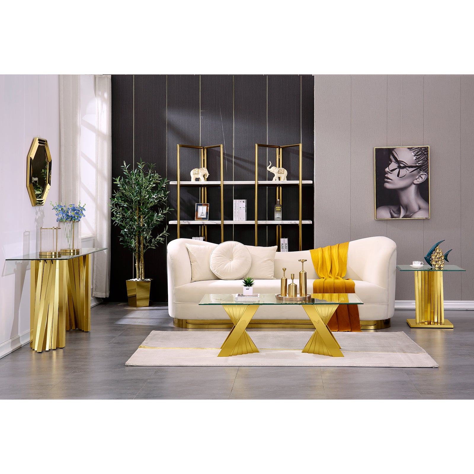 Glass End Table with Gold Polished Metal Scalloped Legs | E413