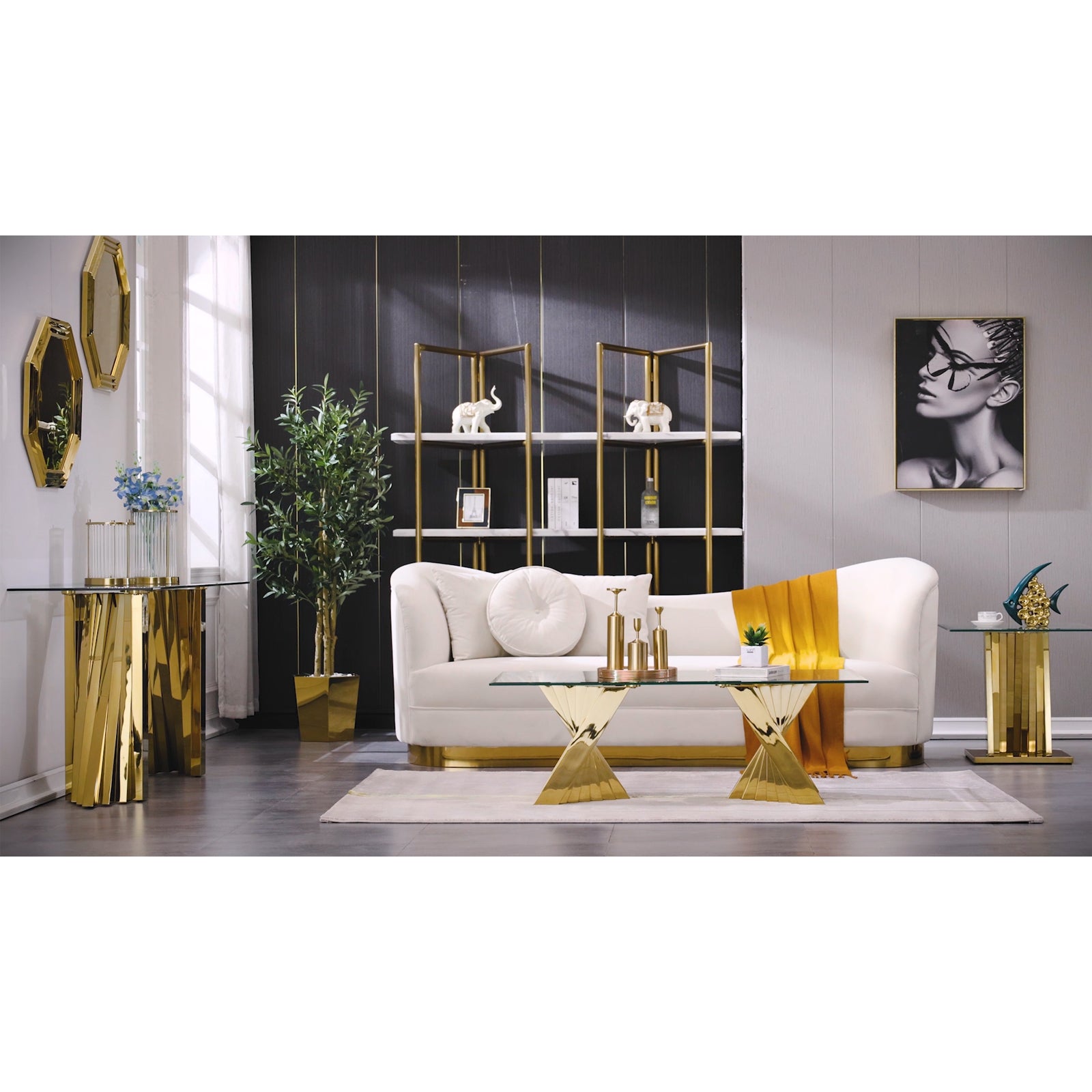 Glass Gold Sofa Table with Polished Stainless Steel Scalloped Legs  | S515