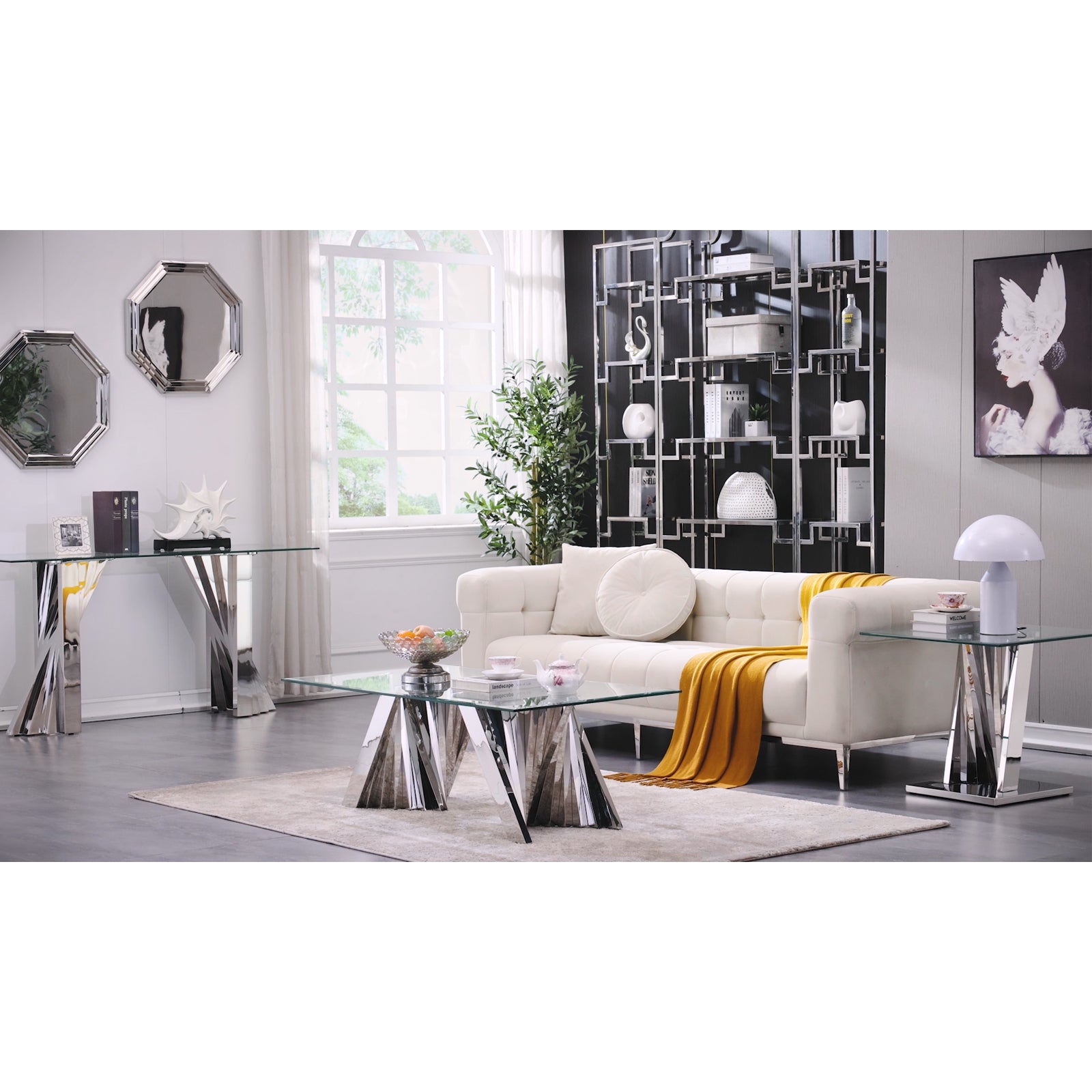 Glass Sofa Table with Polished Stainless Steel Scalloped Legs | S514