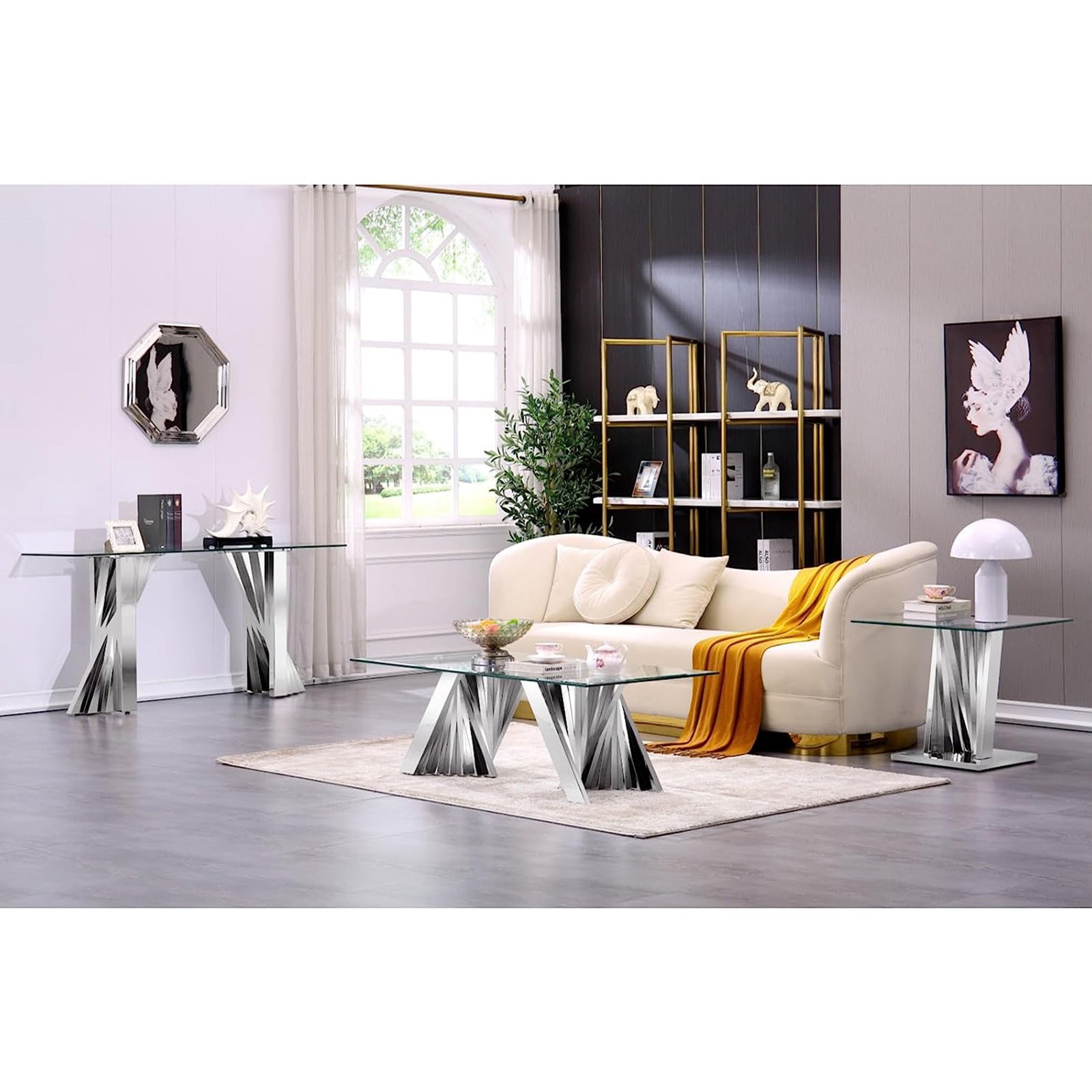 Glass Coffee Tables with Silver Metal Scalloped Legs | F310