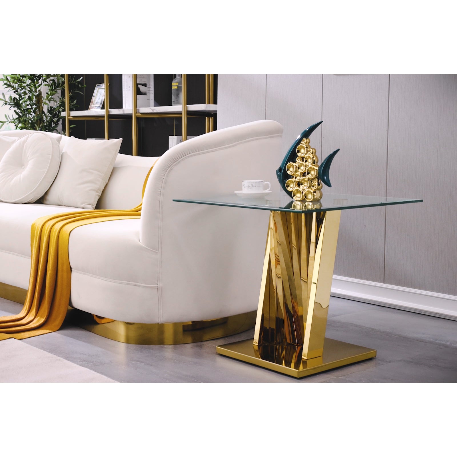 Glass End Table with Gold Polished Metal Scalloped Legs | E413