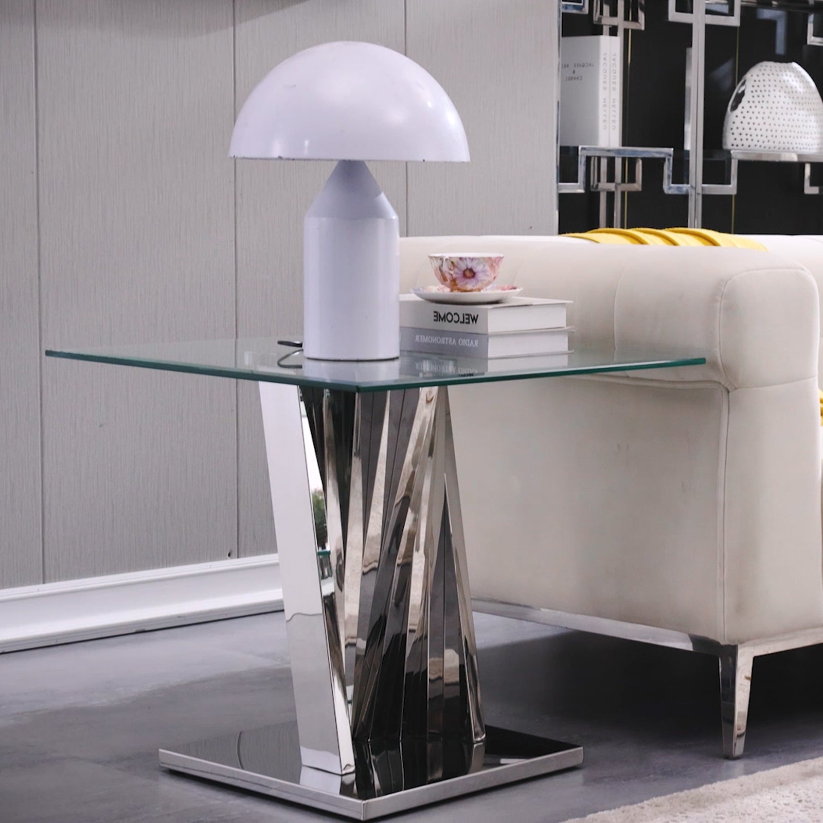 Glass End Table with Silver Polished Metal Scalloped Legs | E412