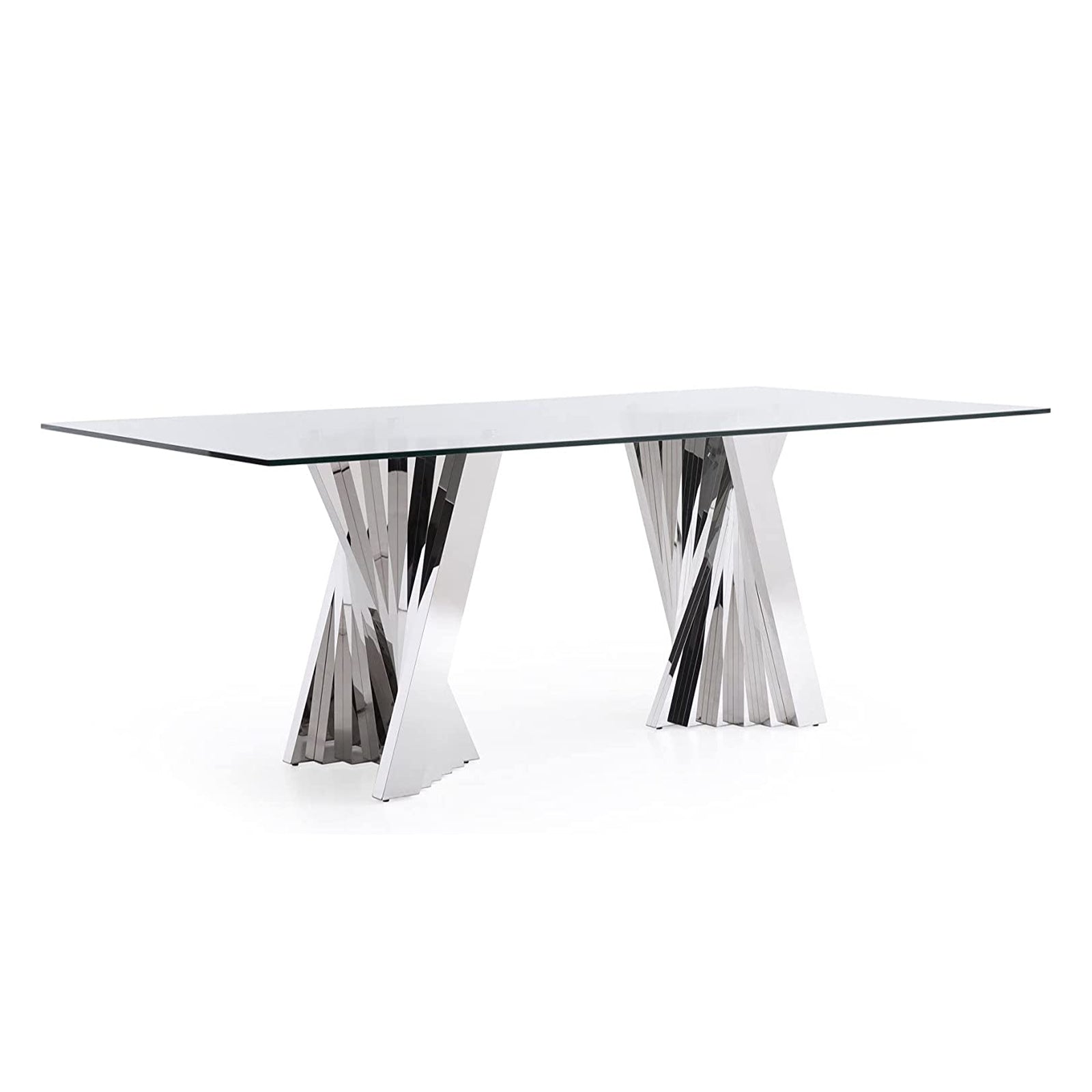 Glass Dining Table| 78’‘ Glass top | Silver Metal Fan-shaped legs | T214
