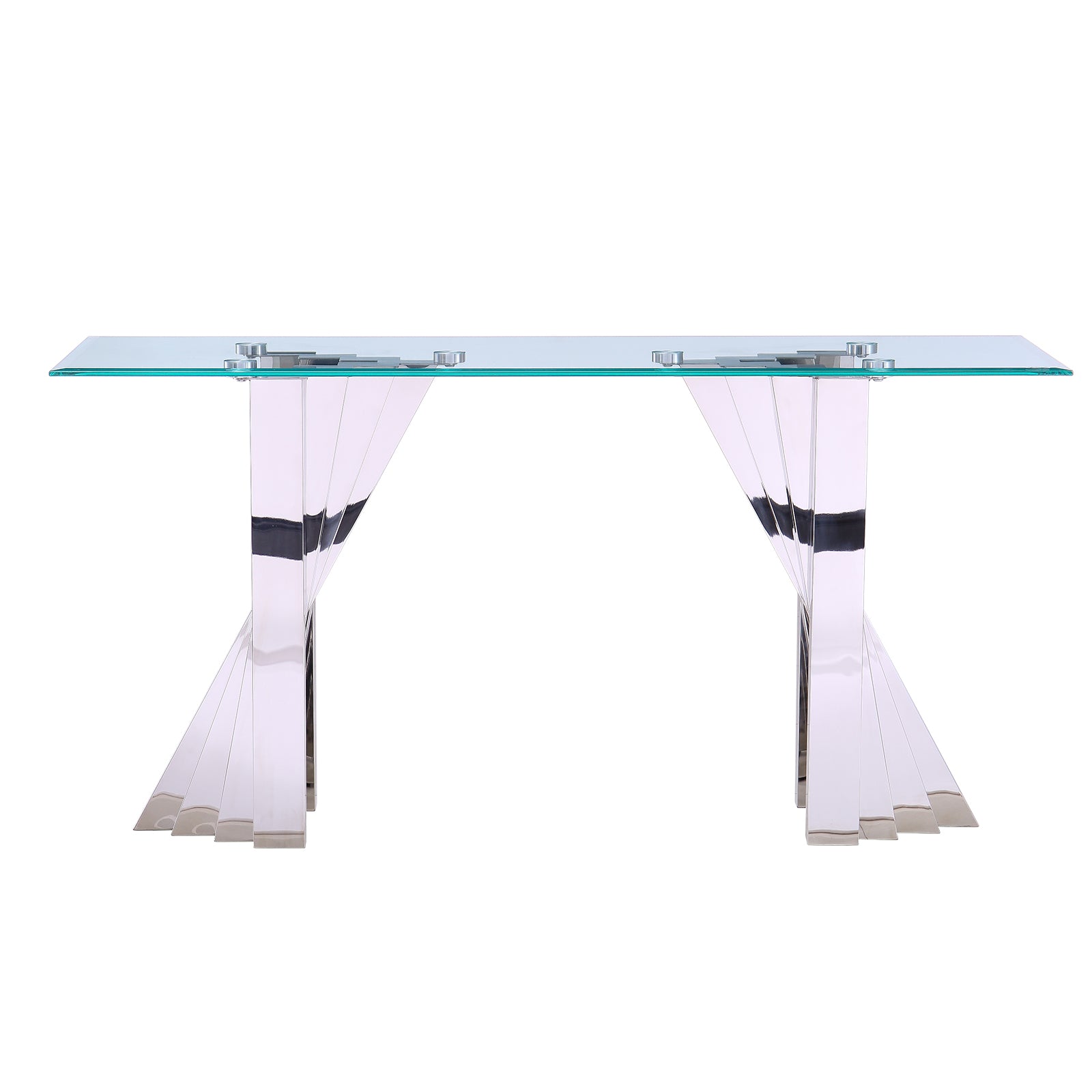 Glass Sofa Table with Polished Stainless Steel Scalloped Legs | S514