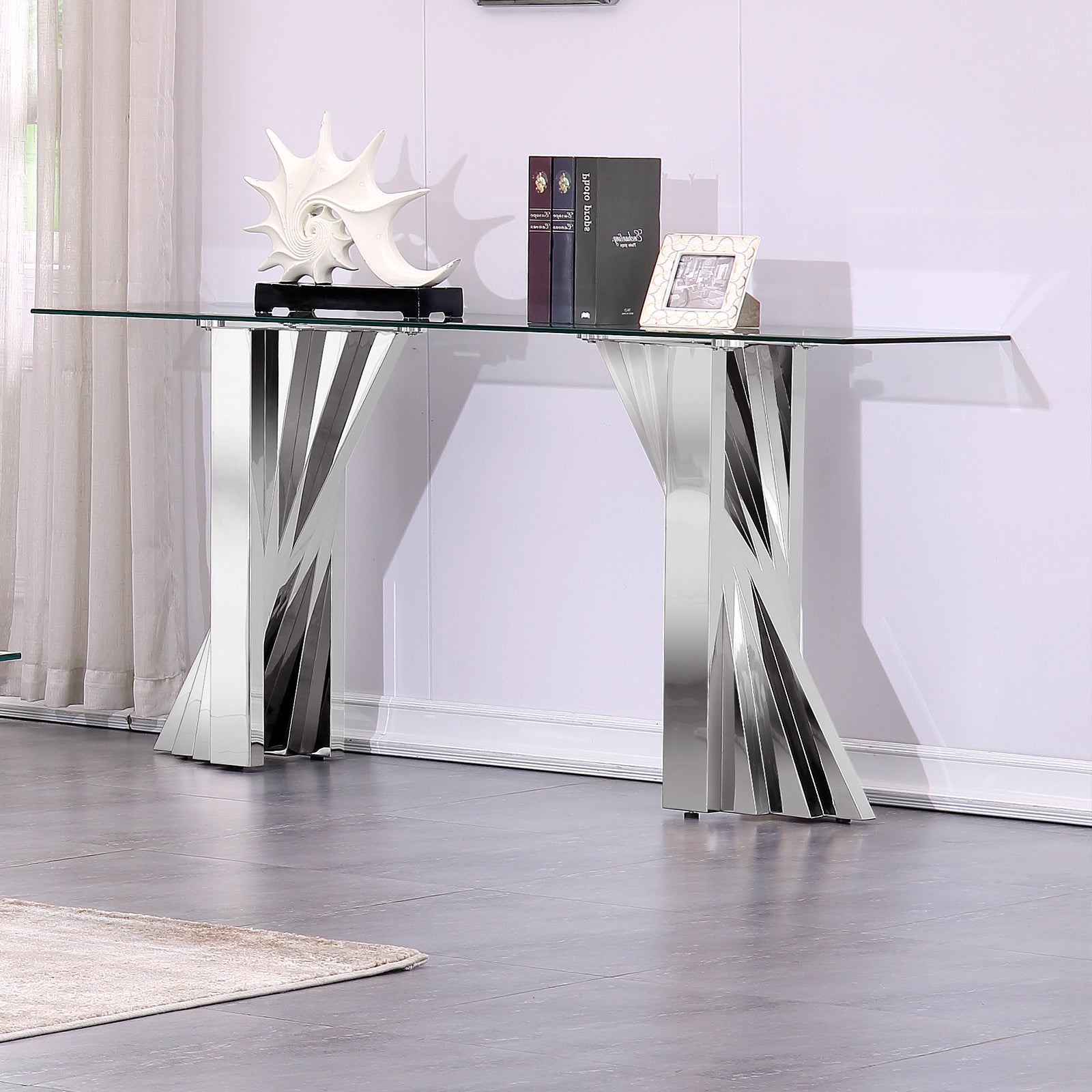 Silver Glass living room table set | Metal Scalloped Legs | L220