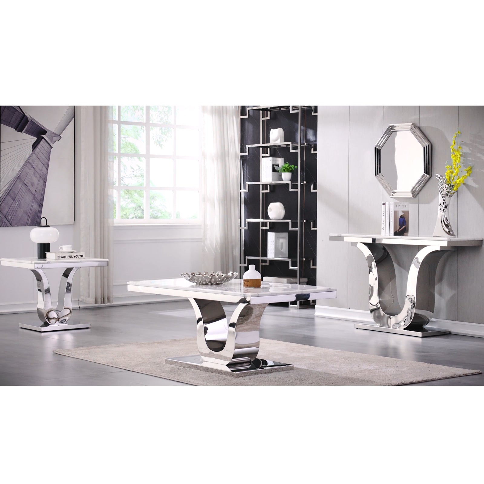 White and Silver Living room table Set | Metal U Base |L211
