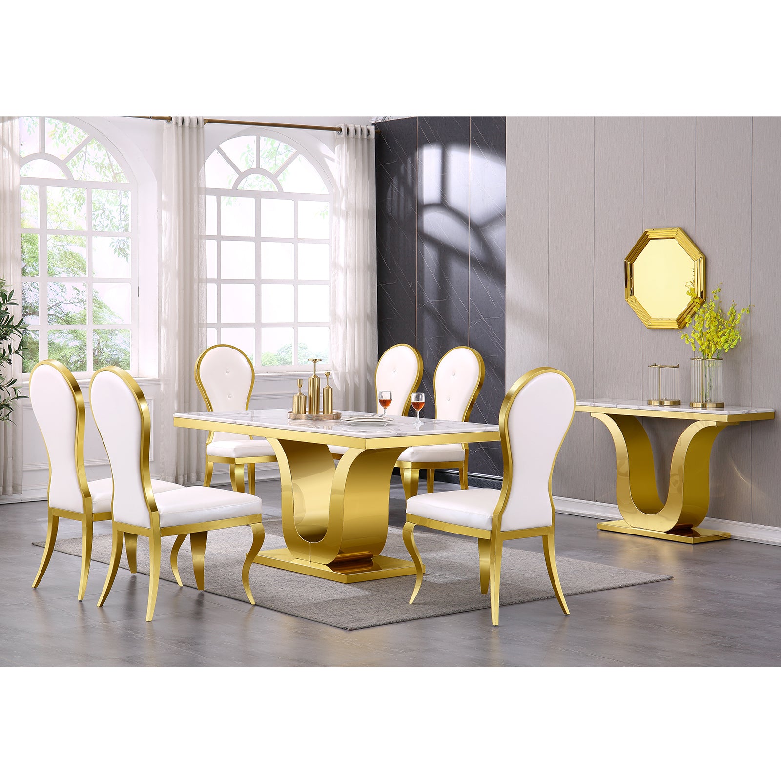 White Gold DIning table | 63.98" Rectangle Top | Metal U Base| T228
