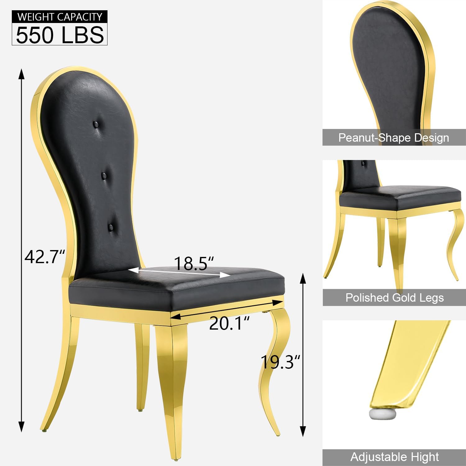 Black leather Dining Chairs | Oval-shaped back | Gold metal legs| C143