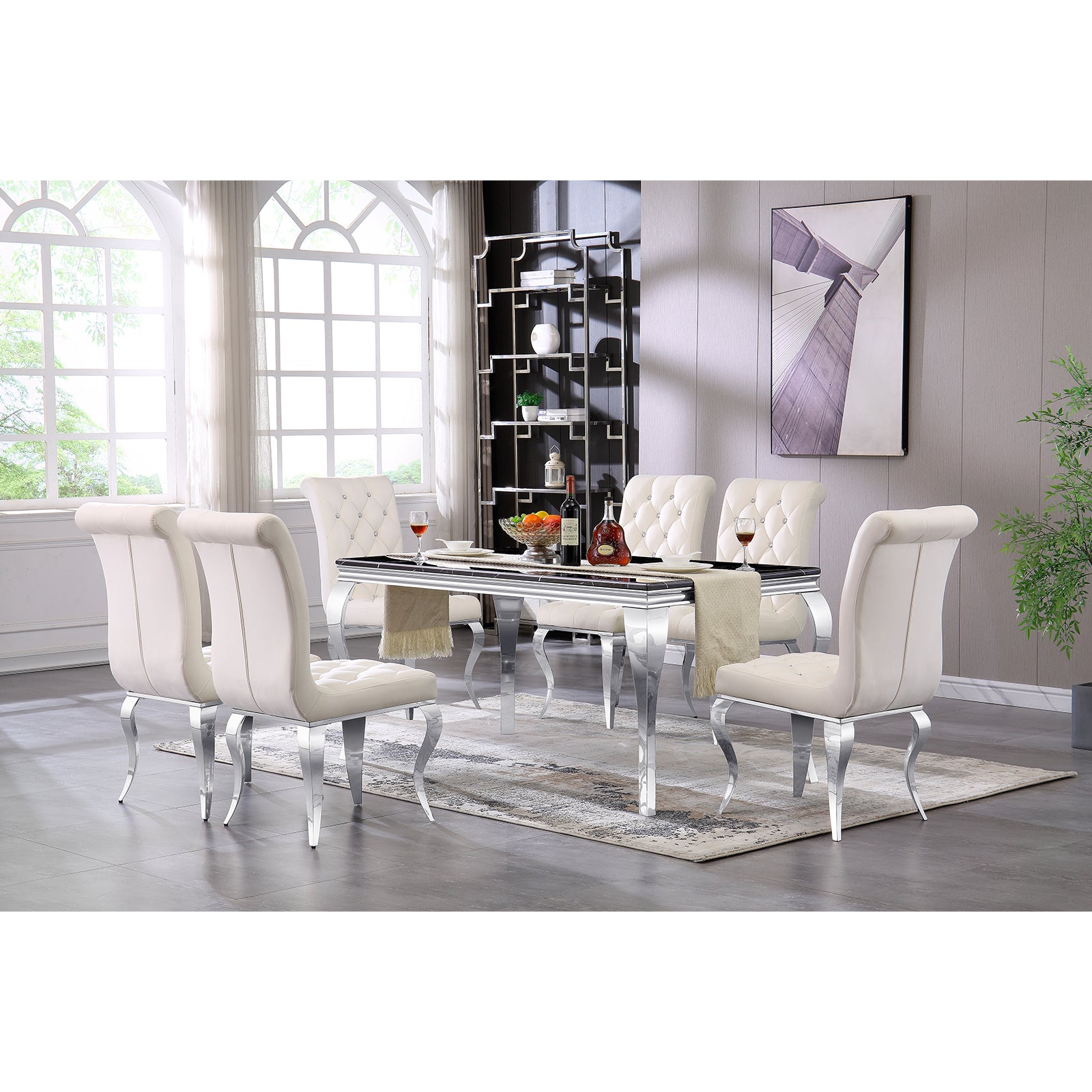 Black dining table | 63" Tabletop | Silver Metal Cabriole Legs | T204