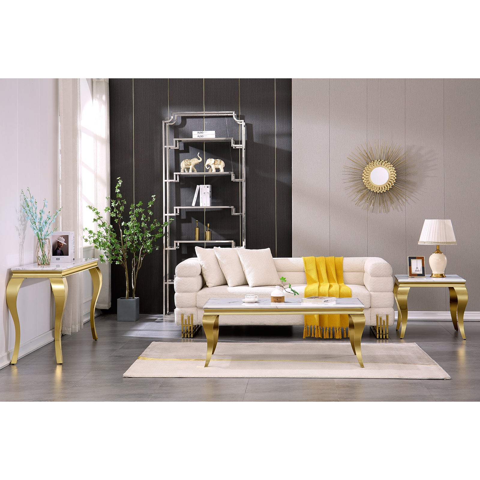 White Gold Living room table Set | Gold metal legs  | L209