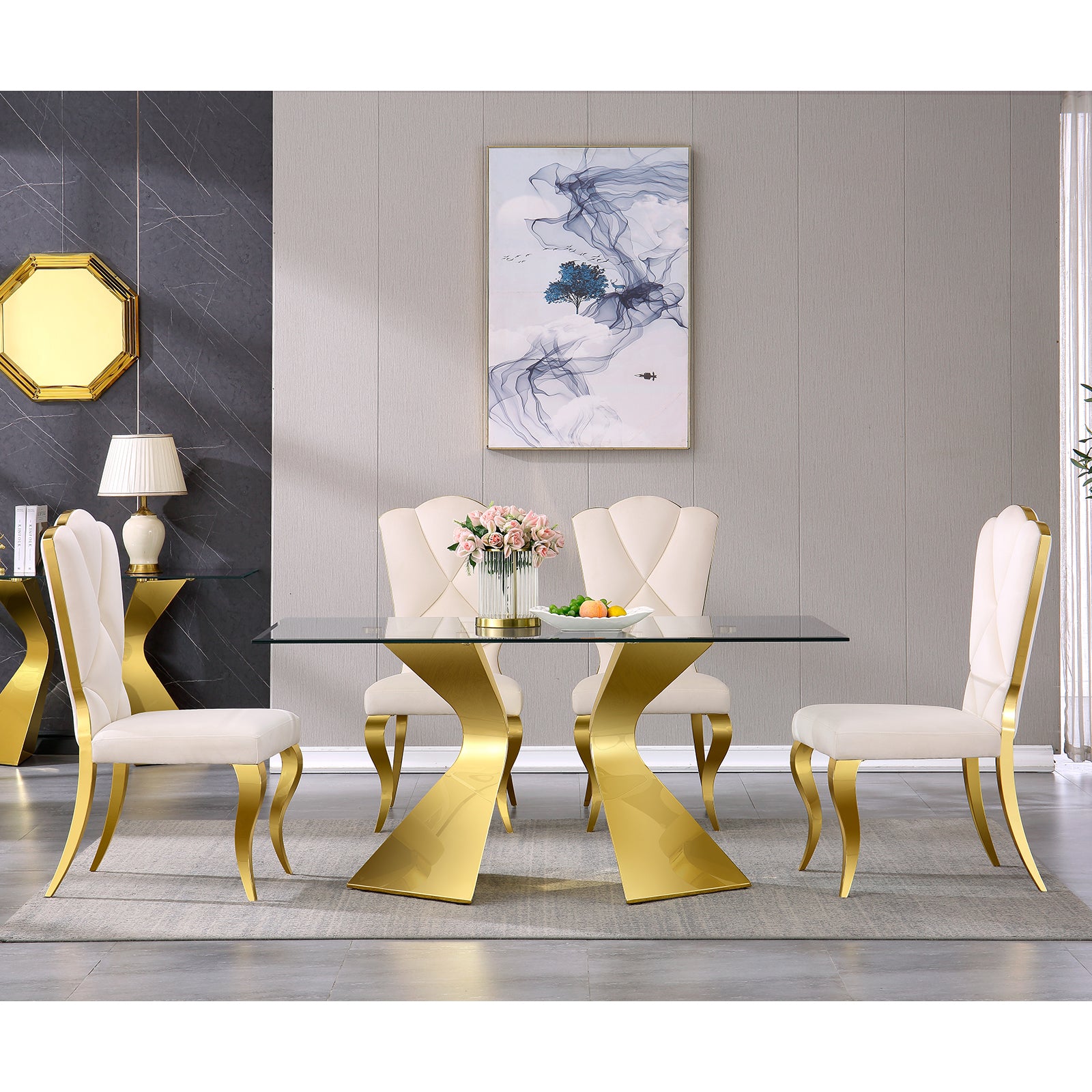 White velvet dining chairs | Cloud backrest design | Gold Metal legs | C142