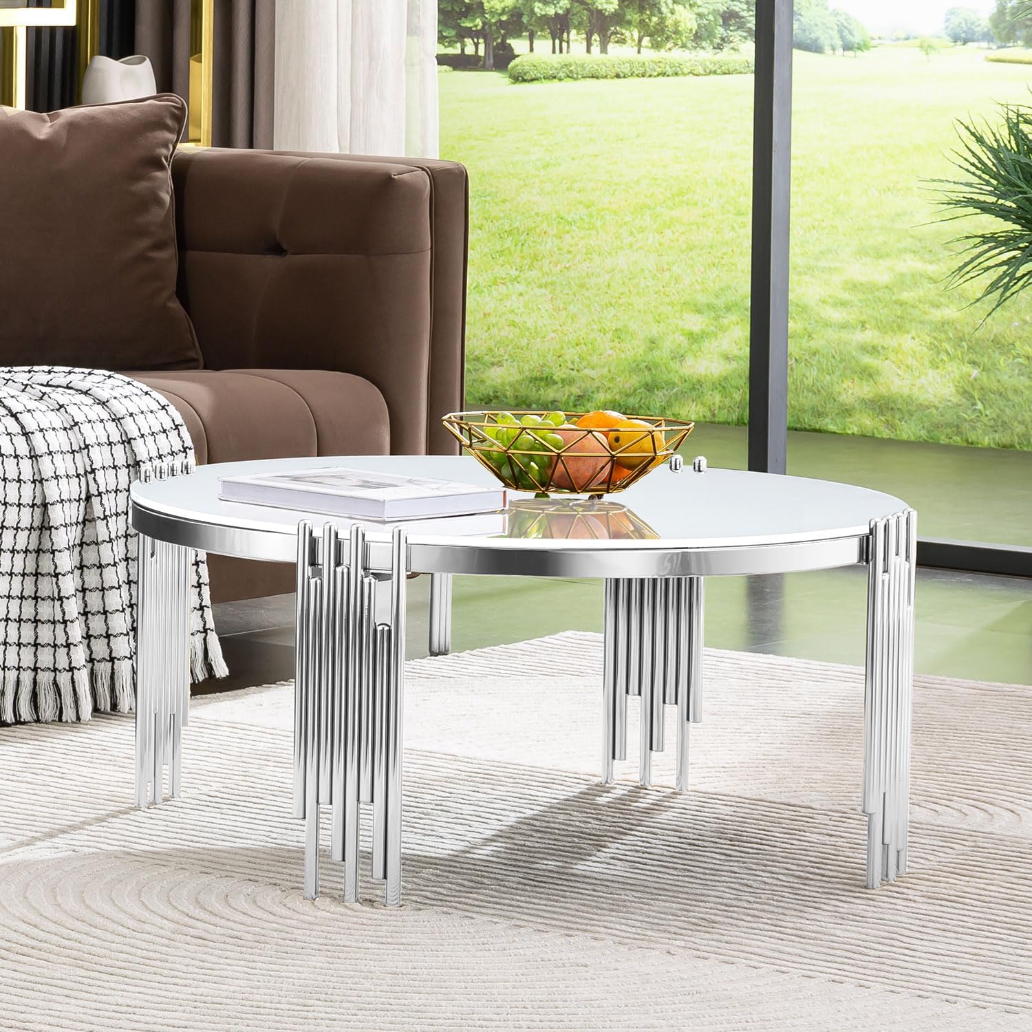 Silver Round coffee table set | Metal multi-cylindrical legs | L221