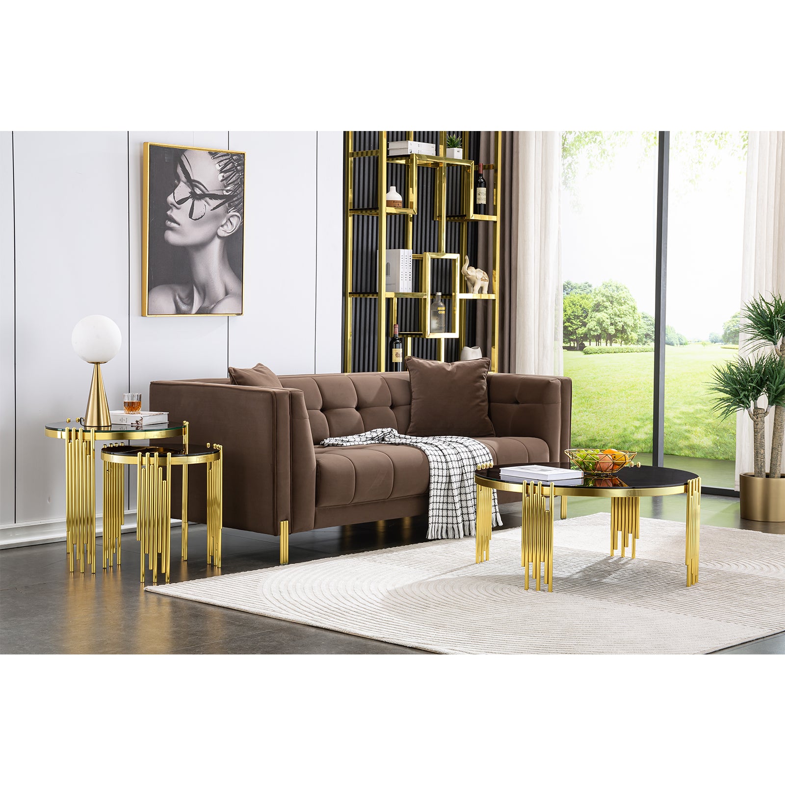 Gold Round coffee table set | Metal multi-cylindrical legs | L222