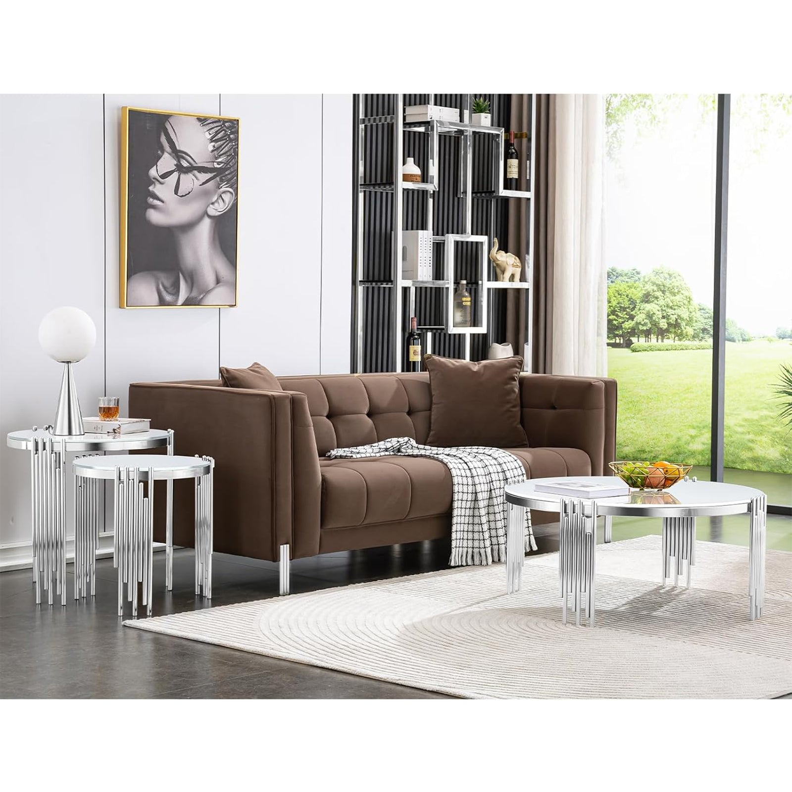 Silver Round coffee table set | Metal multi-cylindrical legs | L221