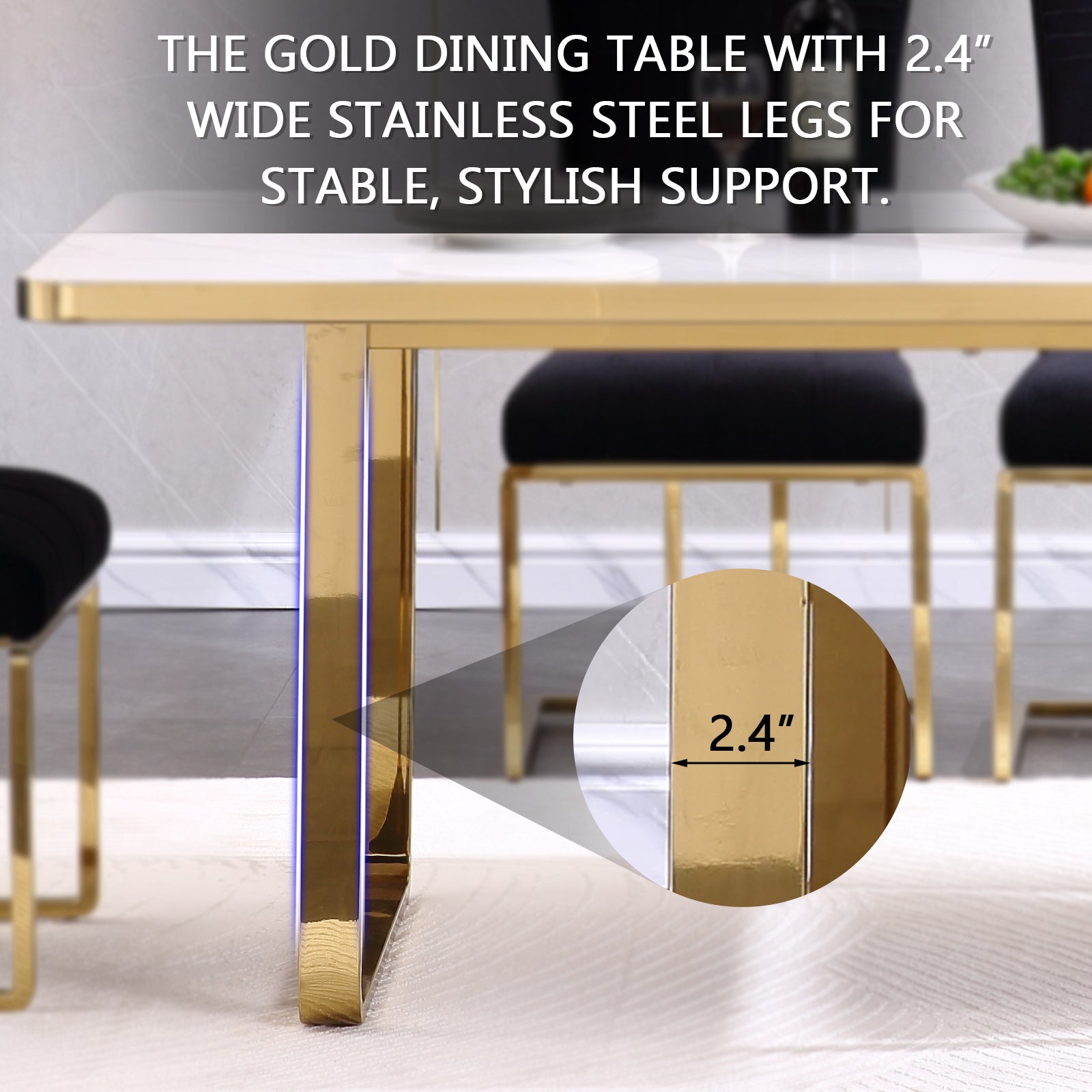 Dining room table with white glossy stone top and gold Metal U-Base for 6-Seat | T203