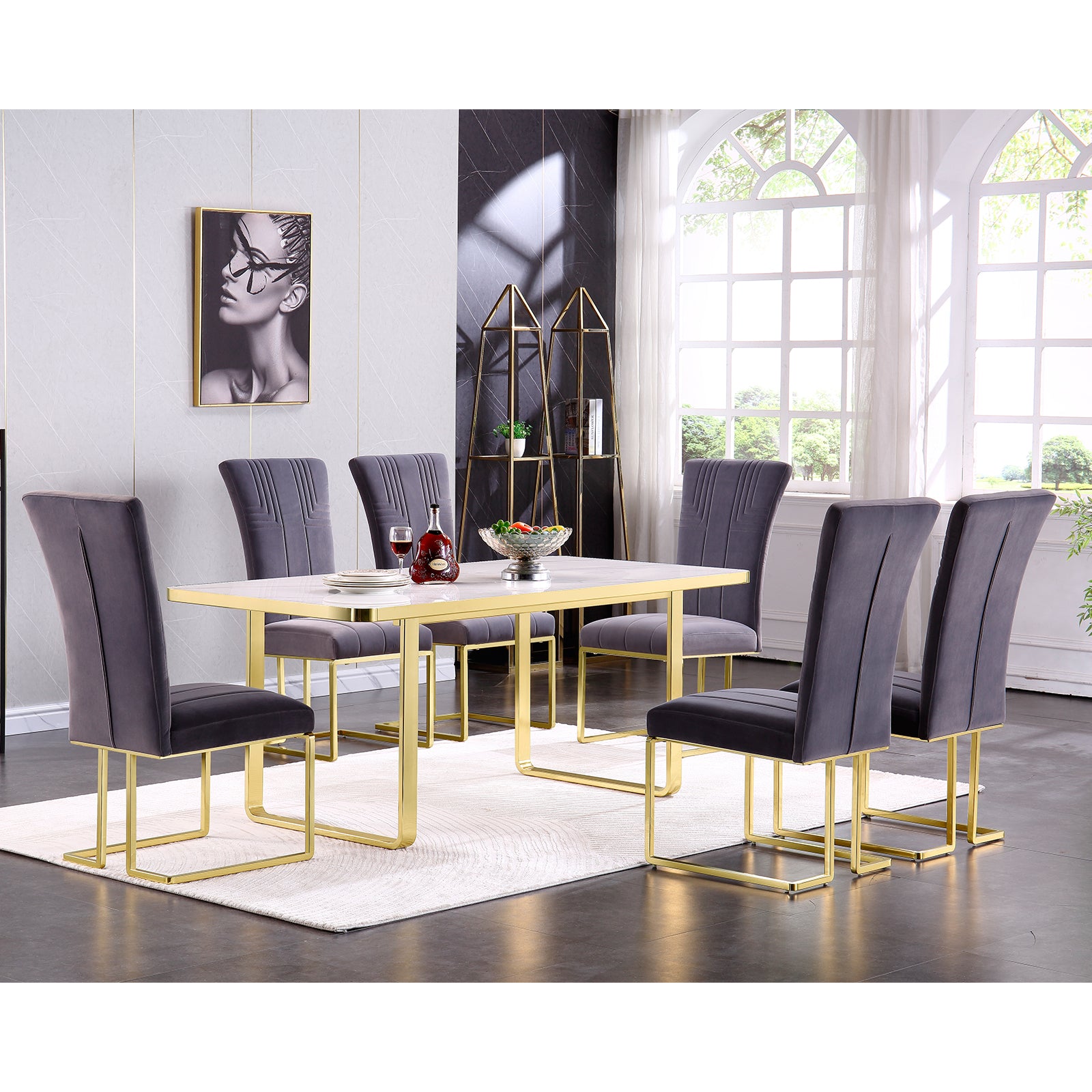 Dining room table with white glossy stone top and gold Metal U-Base for 6-Seat | T203