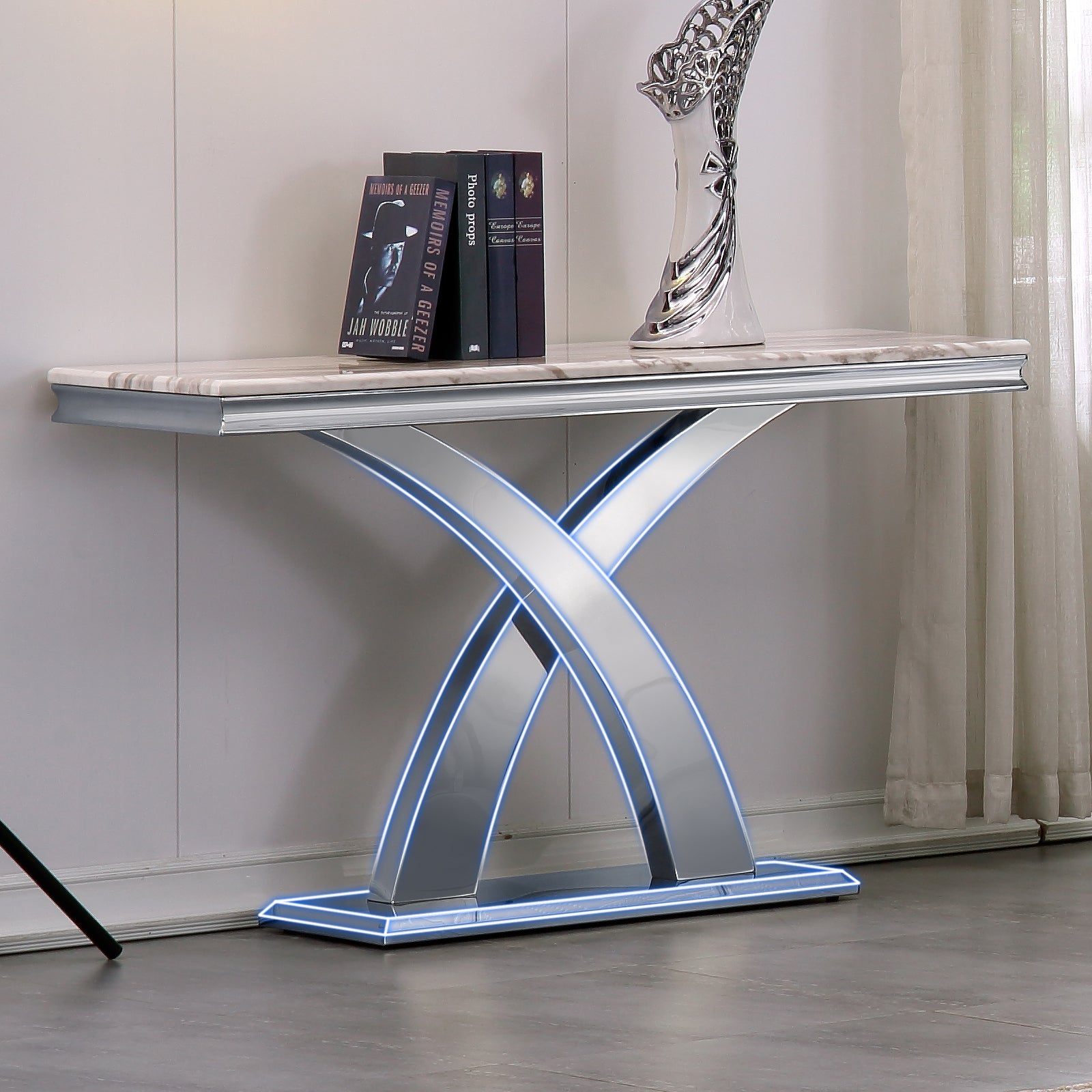 Gray Silver Sofa Table with Metal X Base | S506