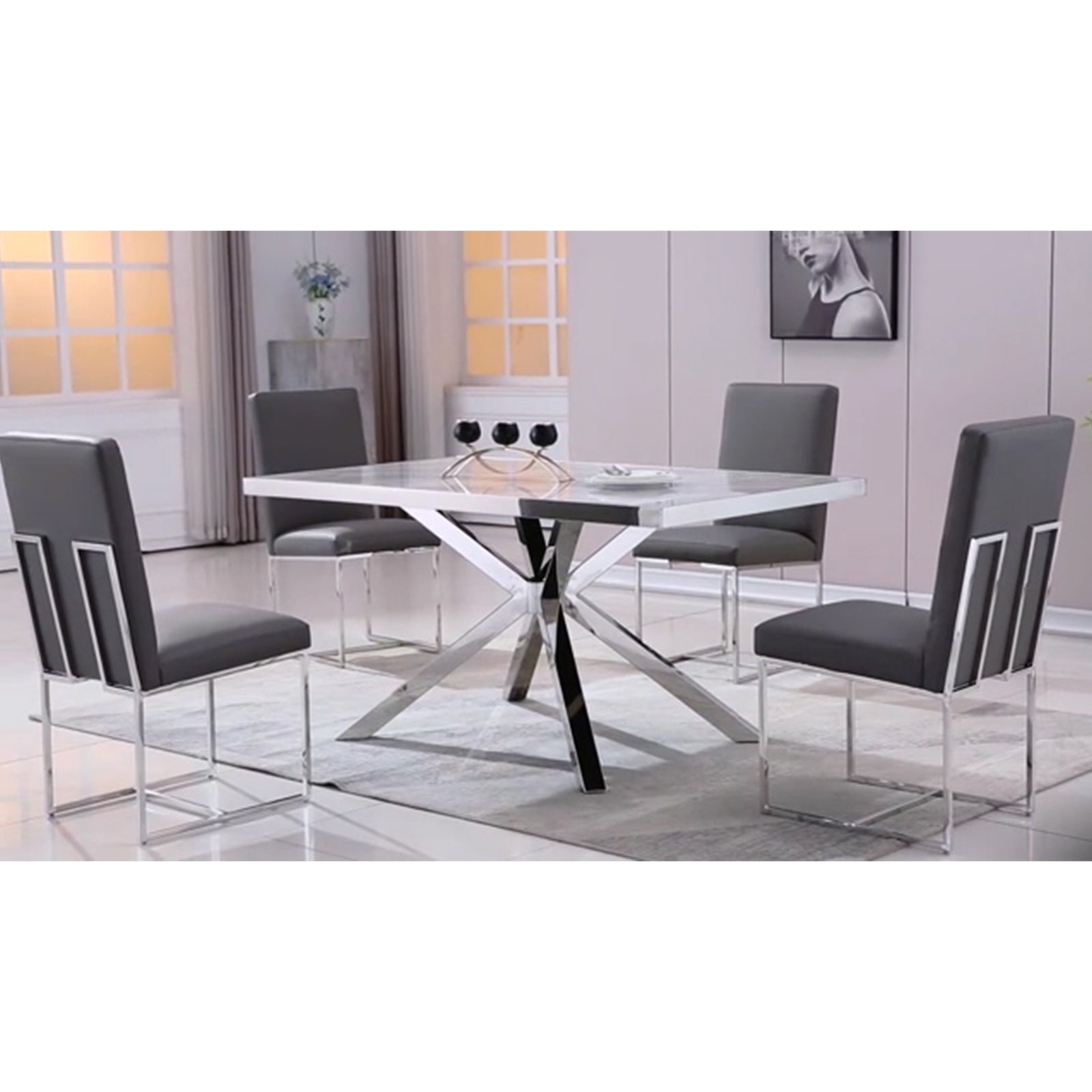 Gray Silver dining table | 63" Gray rectangle Top | Metal X-Base | T220