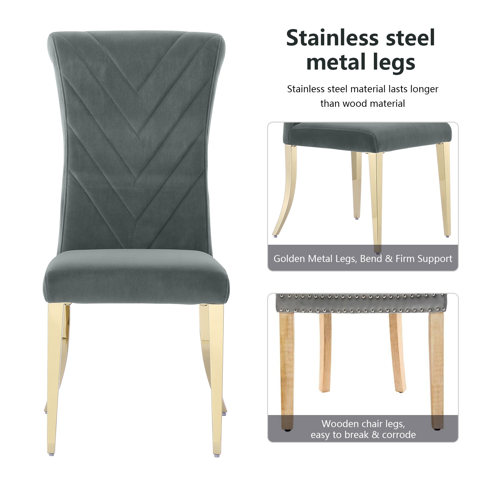Gray velvet dining chairs | High Rolled Back | Gold metal legs | C169