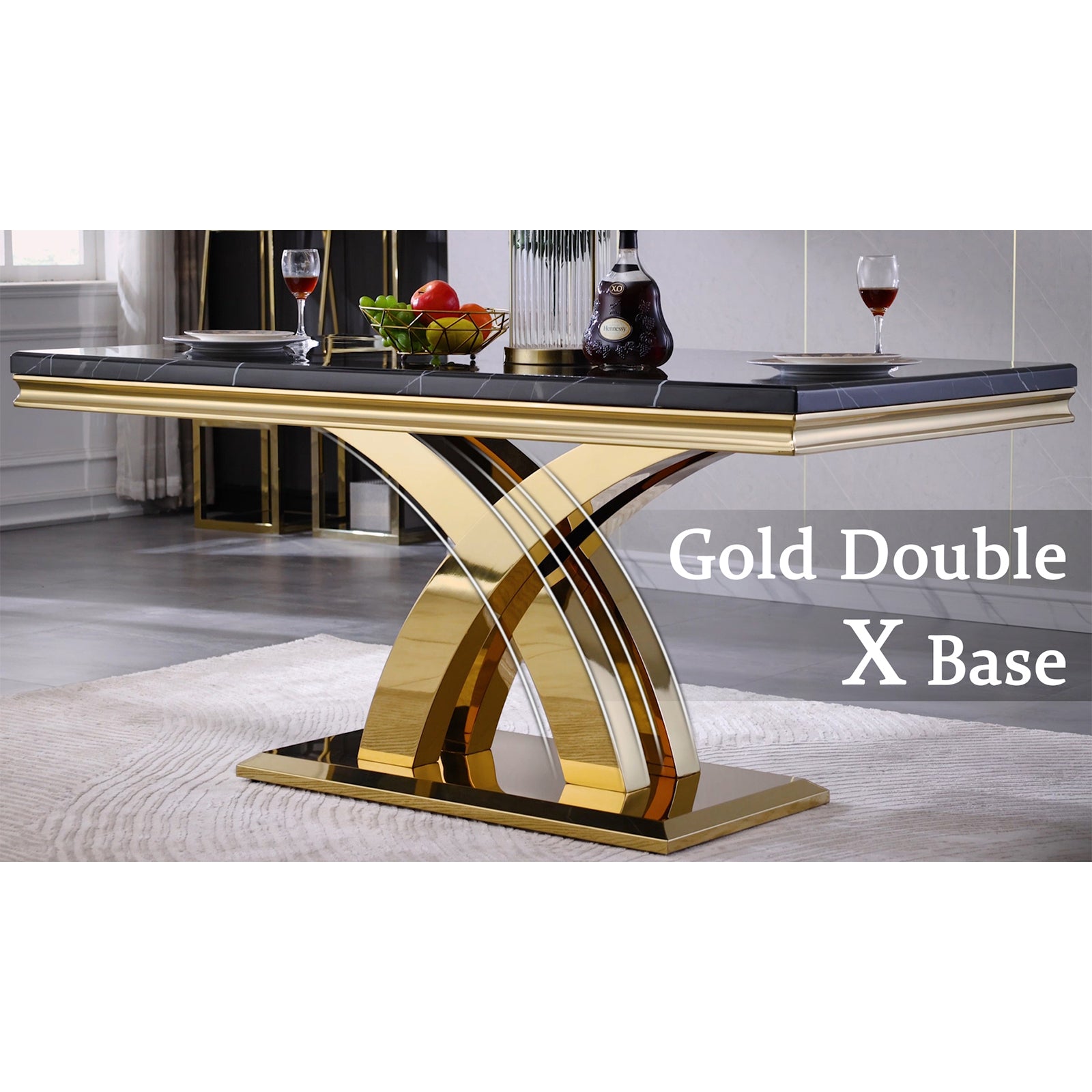 Black Gold DIning table | 65'' Rectangular Top | Metal Double X Base | T200