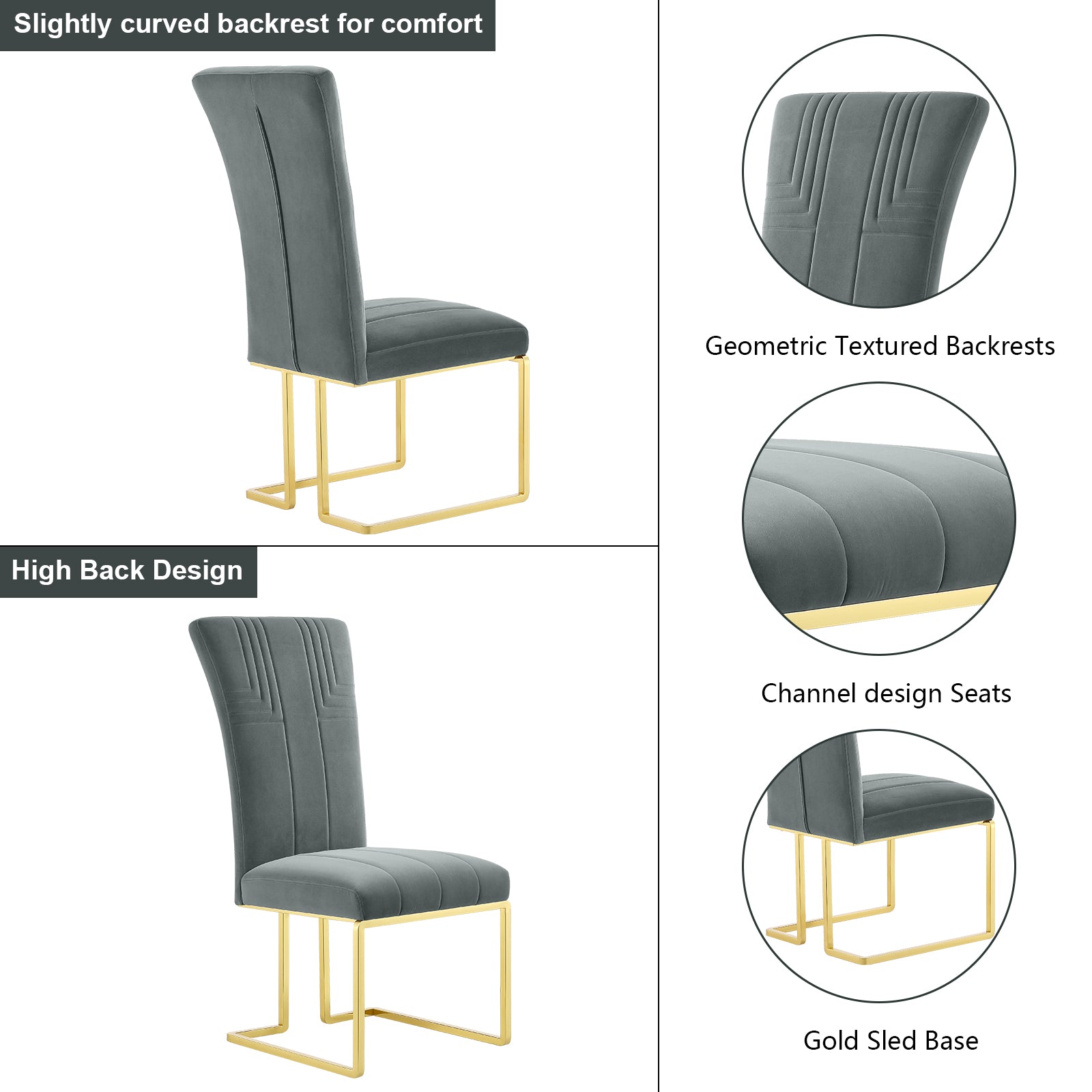 Gray Velvet dining chairs | Metal Sled Base| C119