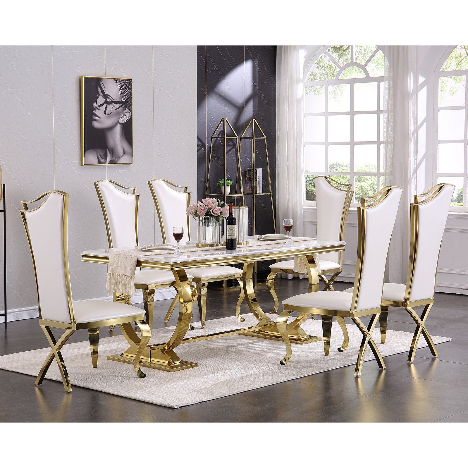 Wholesale White Leather Upholstered Dining Chairs with Gold Metal Legs