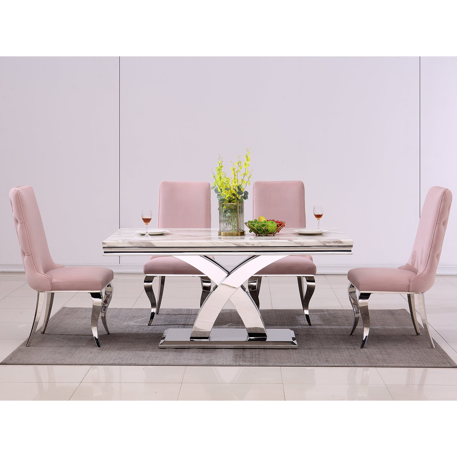 Pink velvet Dining Chairs | Button Back | Heavy duty | Silver metal legs | C162