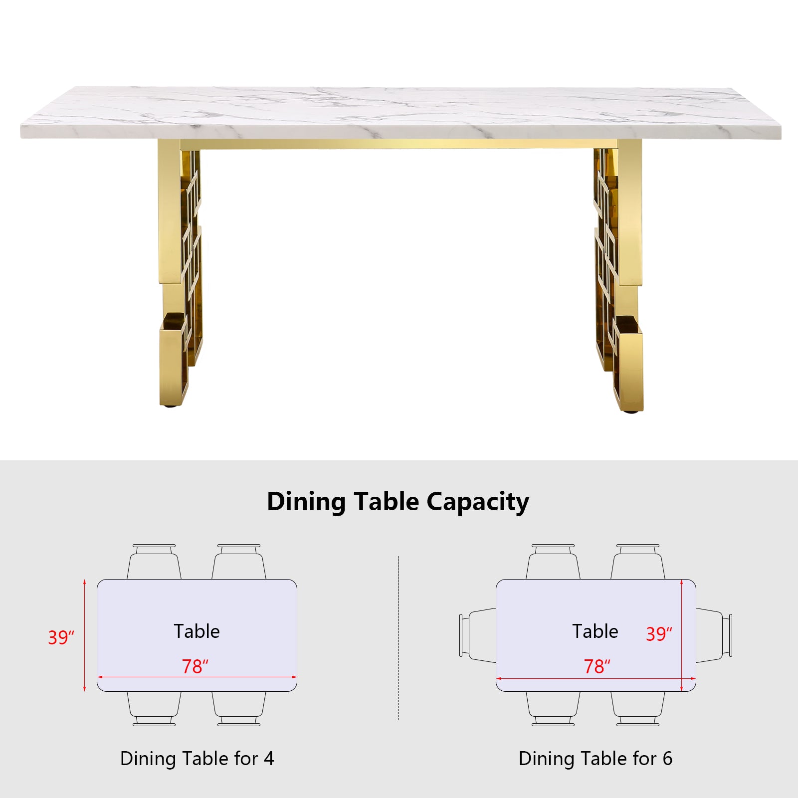 White dining table | 78" Rectangle Top | Gold Metal geometric legs | T219