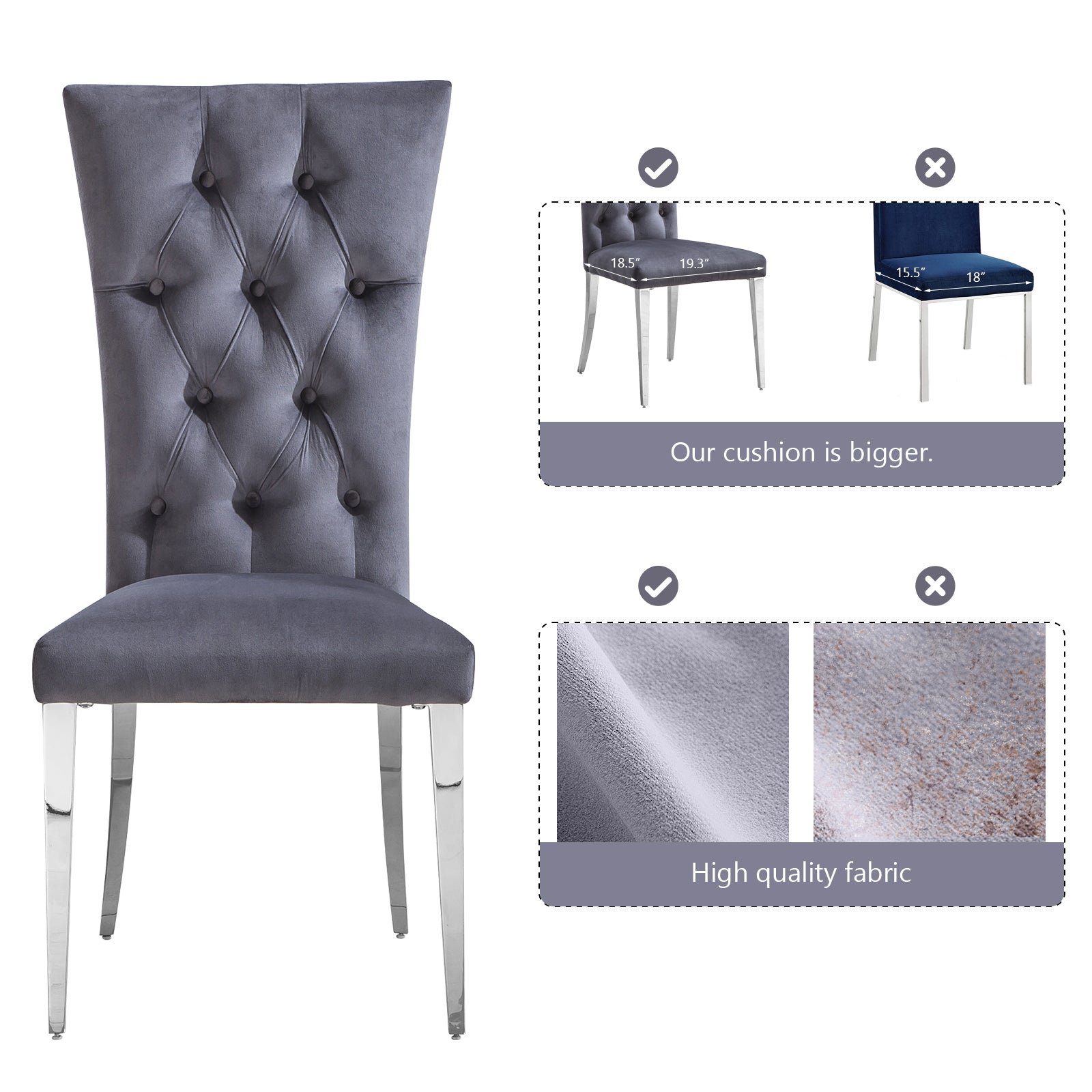 Gray Velvet Dining Chairs | Buttons Tufted | High Back| C124