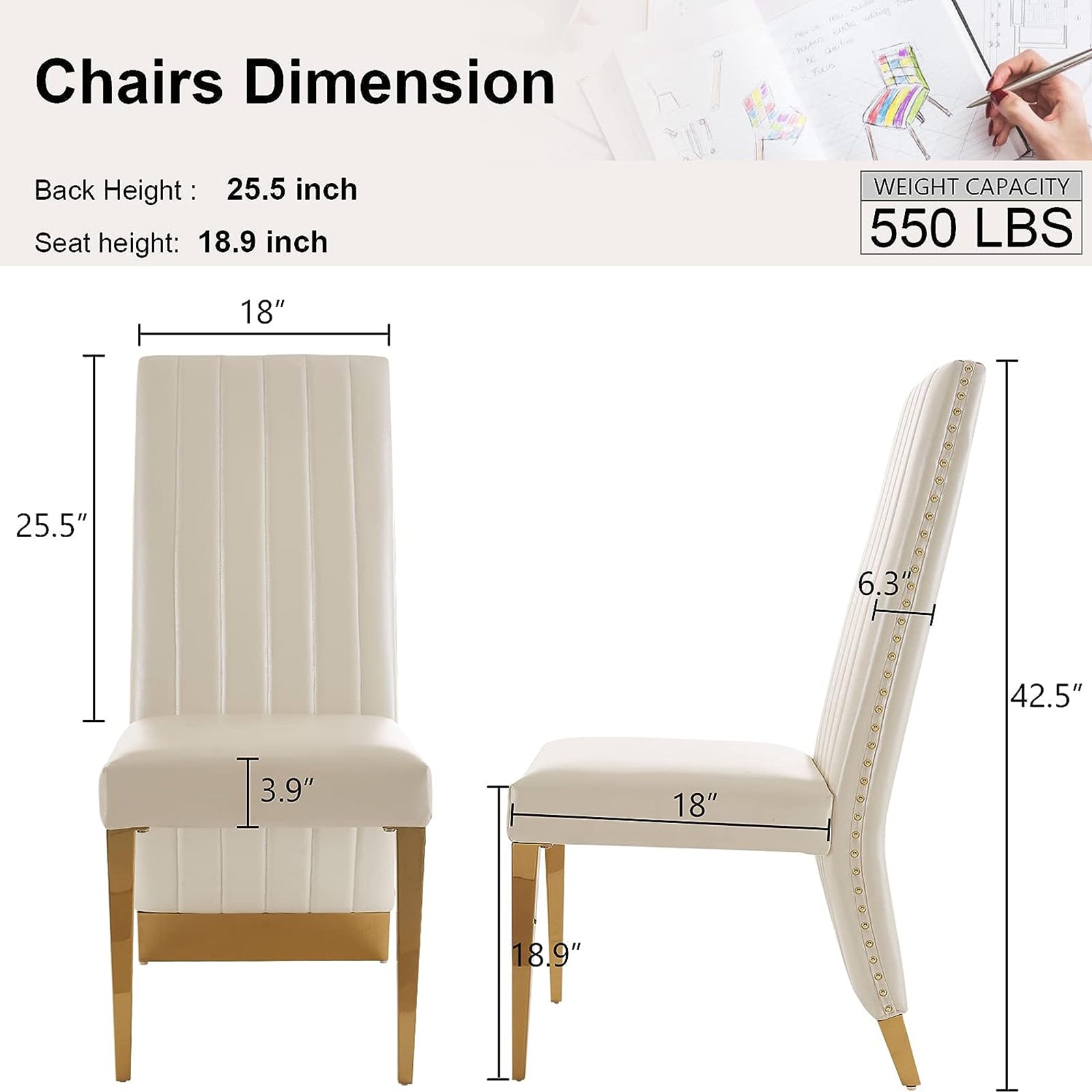White leather Dining Chairs | Nailhead Trim | Metal gold legs | C159