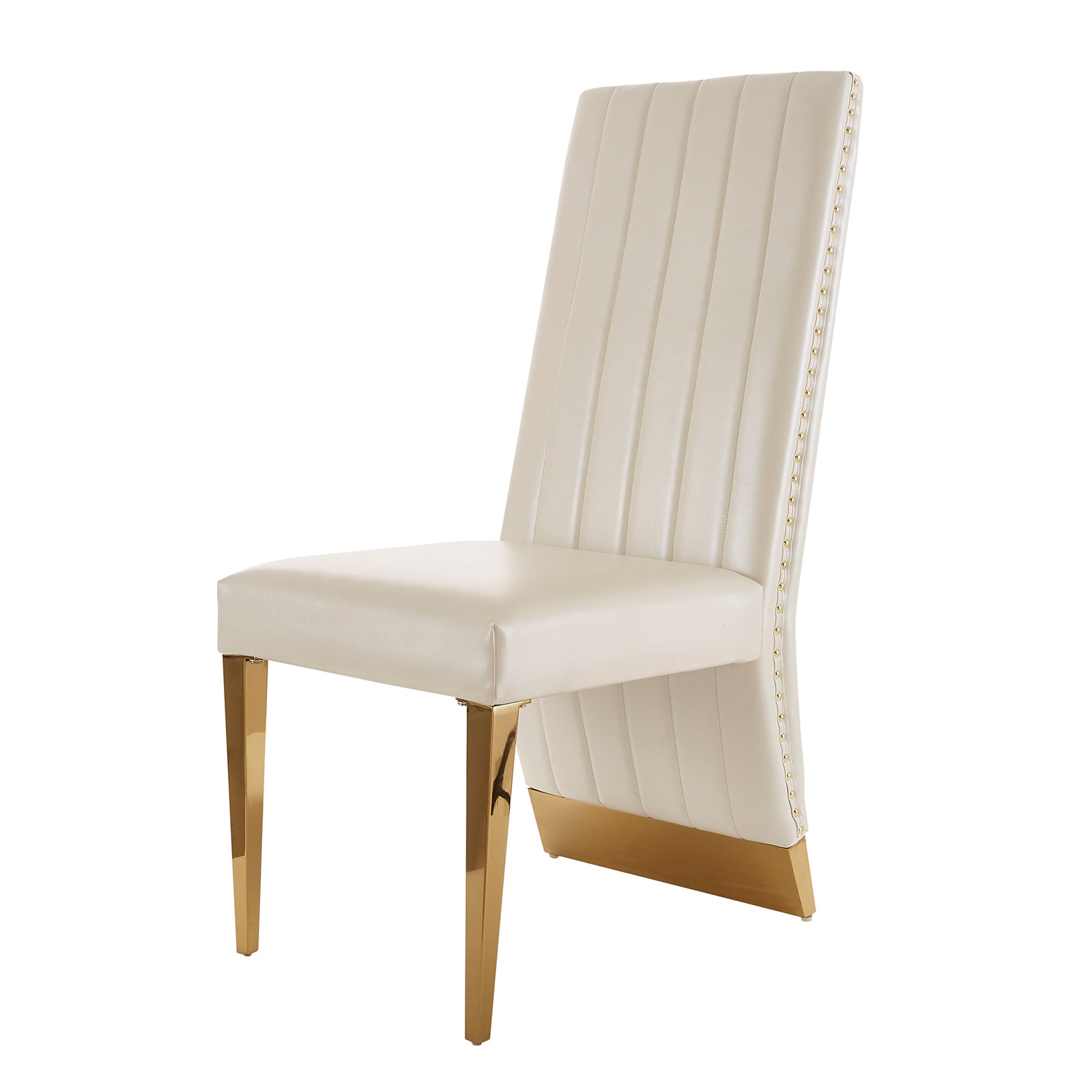 White leather Dining Chairs | Nailhead Trim | Metal gold legs | C159