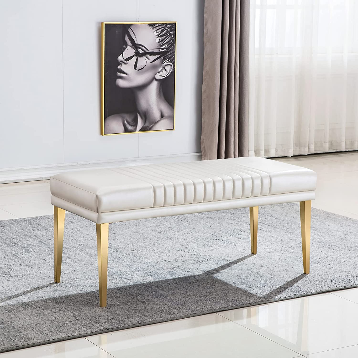 White leather Bench with Gold Stainless Steel Legs | B100