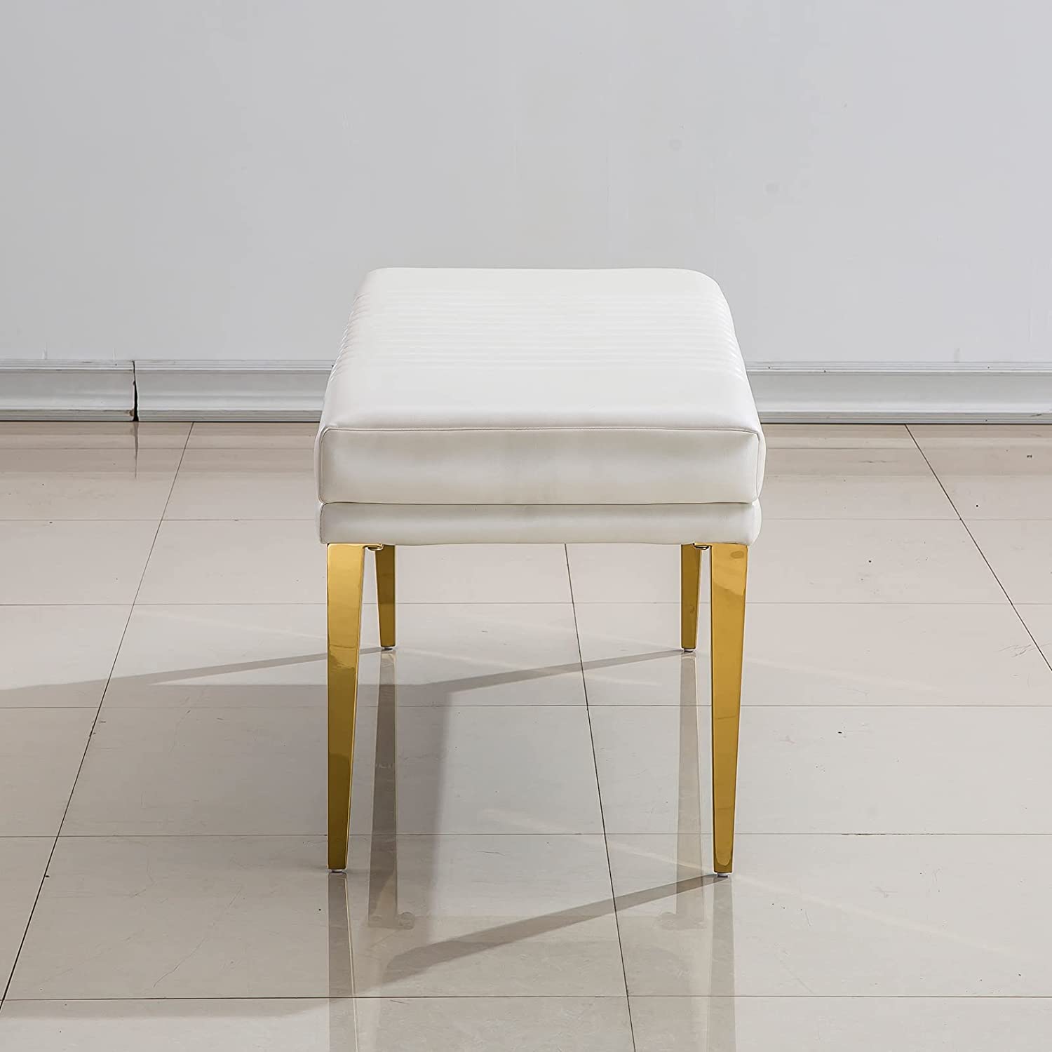 White leather Bench with Gold Stainless Steel Legs | B100