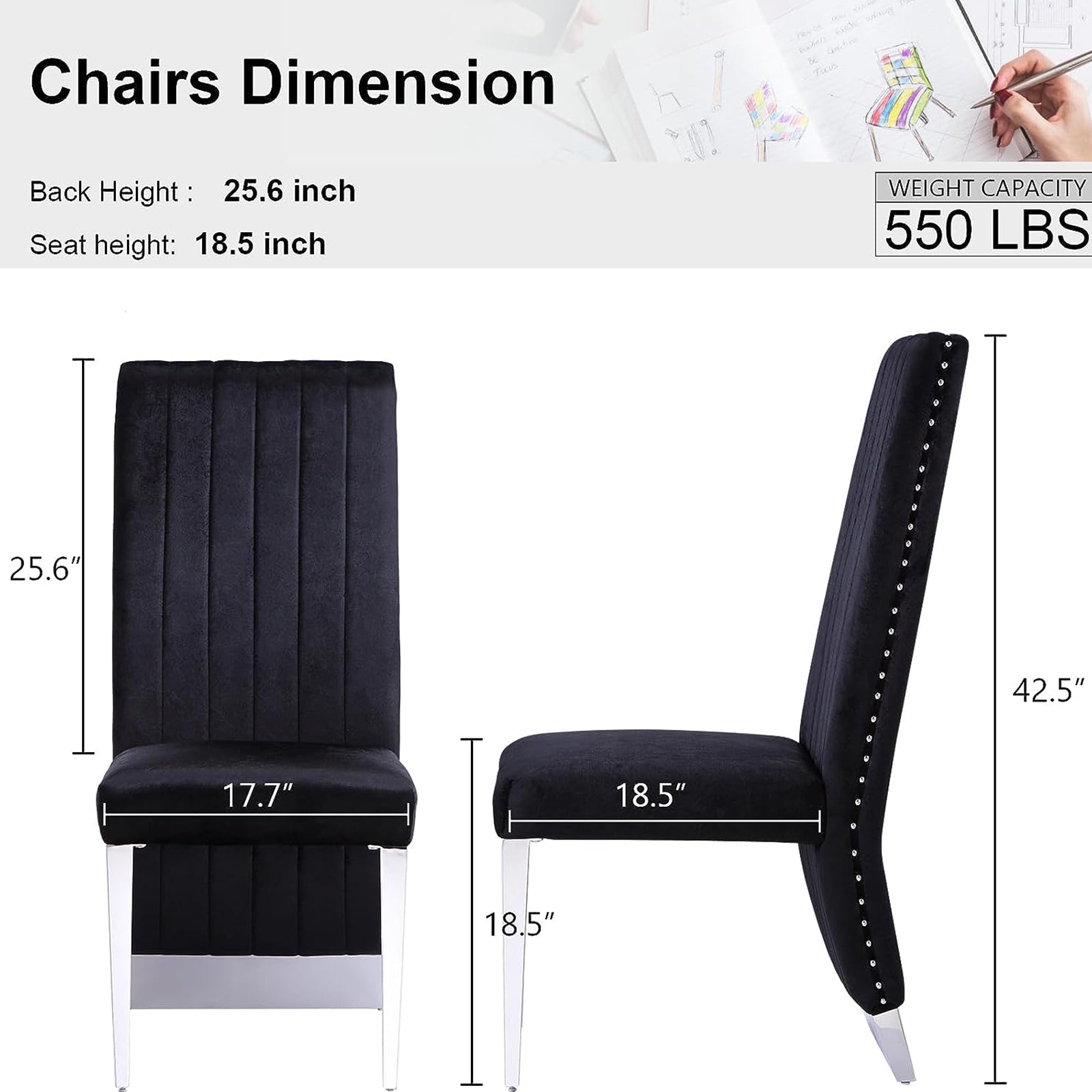Black Velvet Dining Chairs | Nailhead Trim | Silver Metal legs | C155