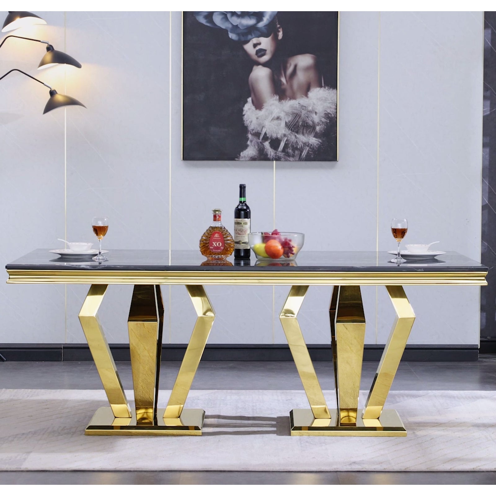 Dining table for 8 people | 78" Black Top | Metal Four geometric legs | T209
