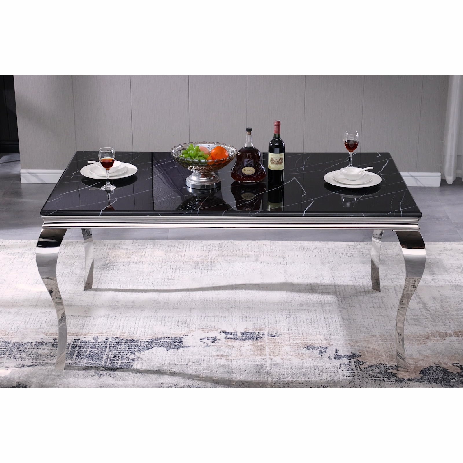 Black dining table | 63" Tabletop | Silver Metal Cabriole Legs | T204