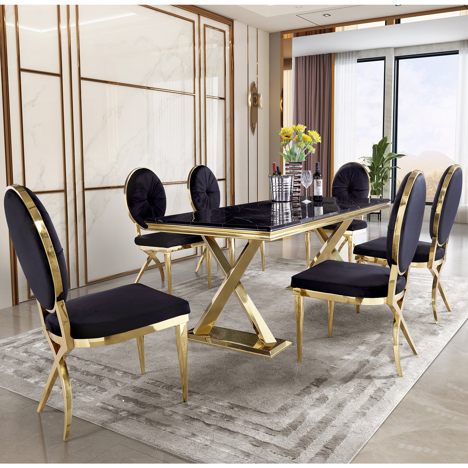 Black DIning table | 72" Rectangle Top |  Gold Metal X legs | T211