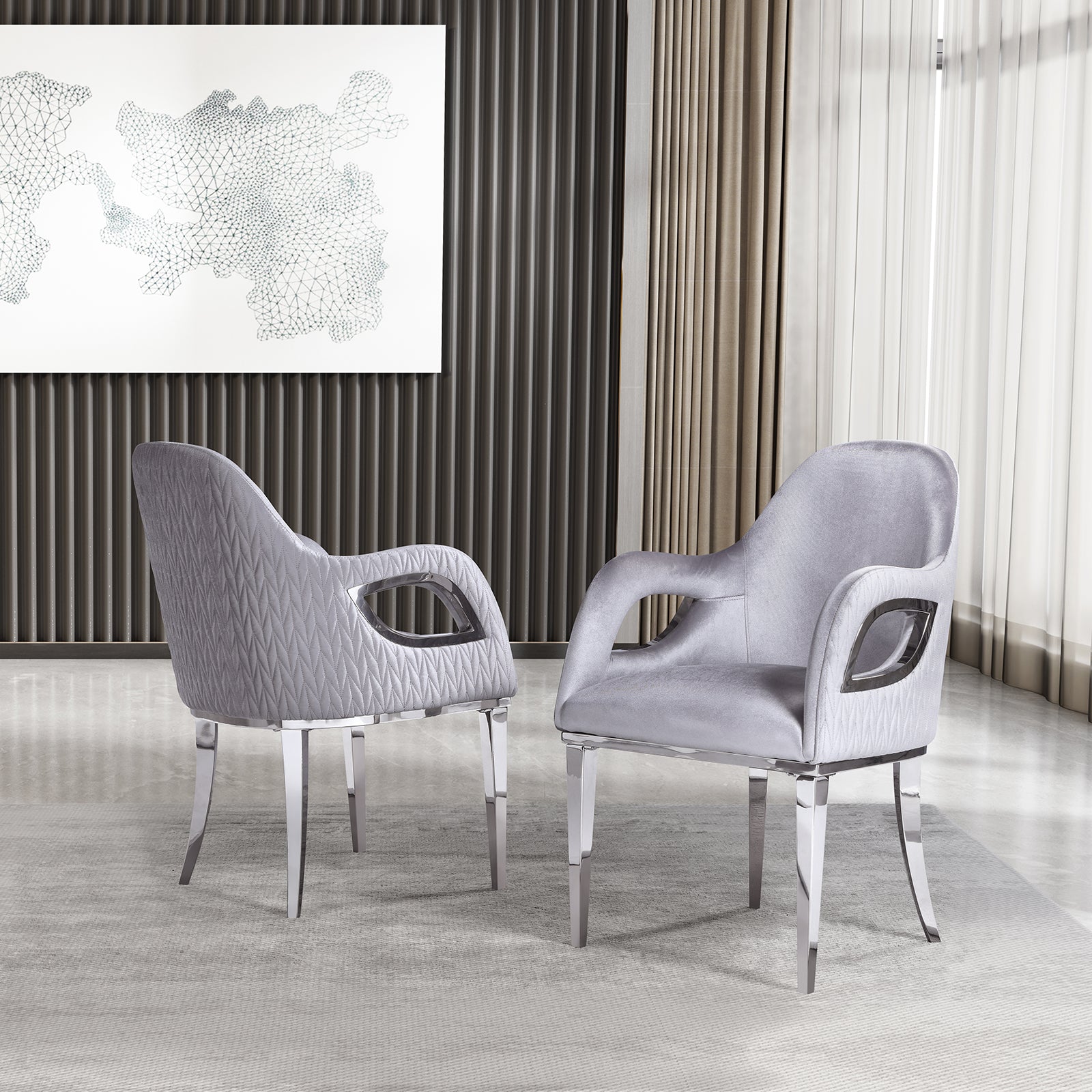 Wholesale Silver Velvet Chairs with Fox-Eye Armrest