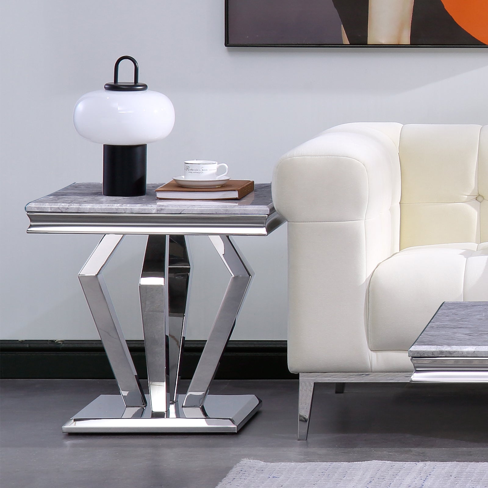 End Table with Silver Geometric Metal Base | E414