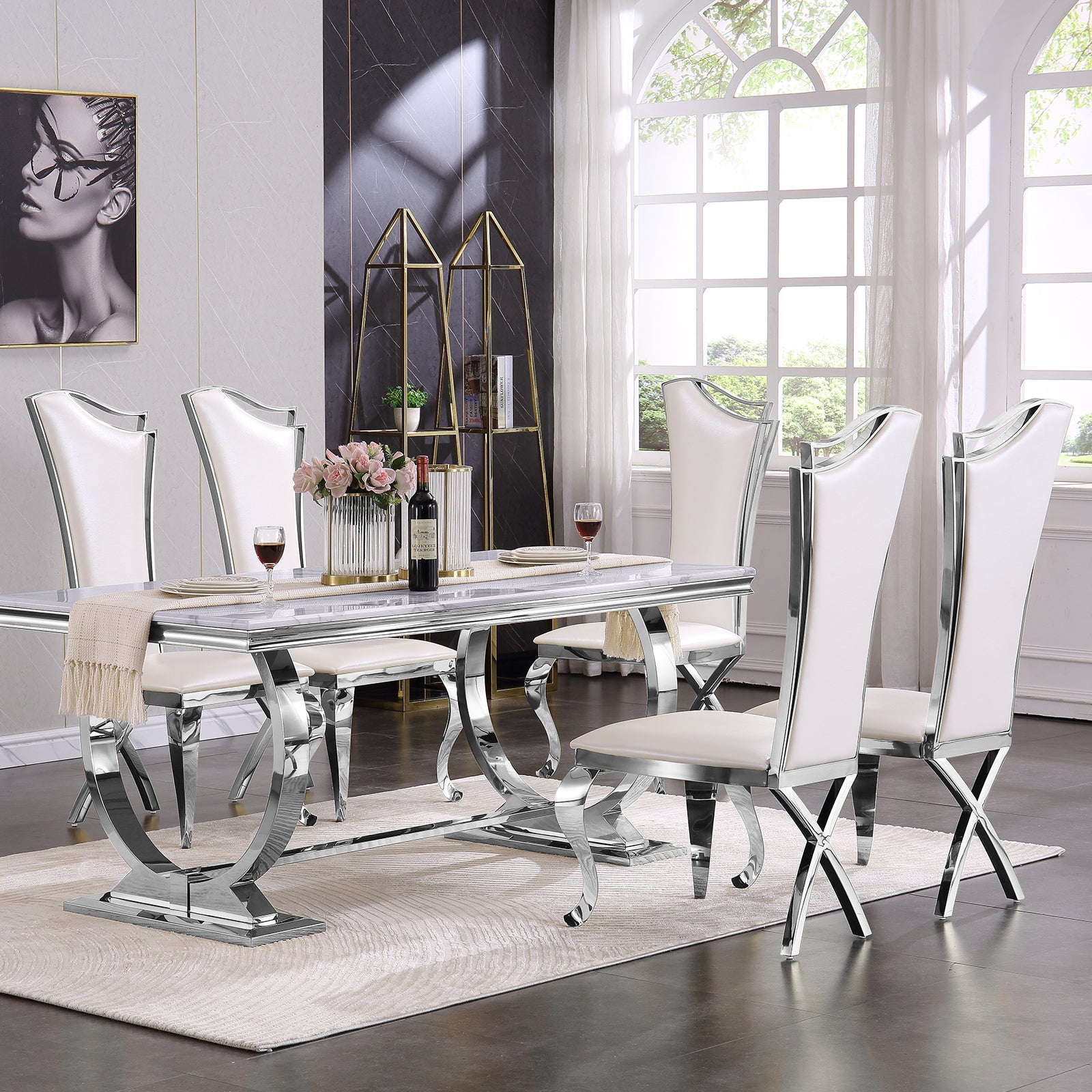 White leather  Dining Chairs | Streamlined High backrest | Silver Metal Legs | C165
